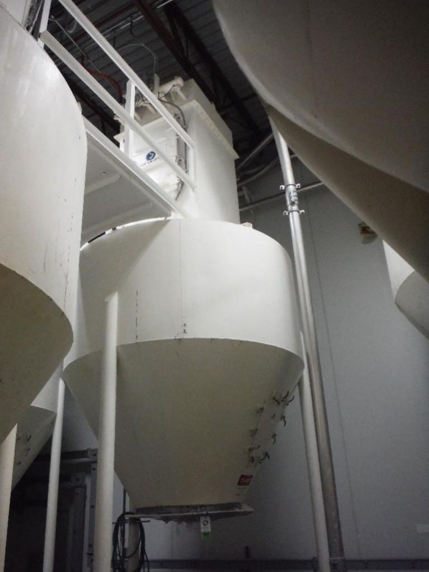 Shick flour silo, 84 in. dia. X 96 in. tall to cone bottom, with bag house, on load cell - Rigging F