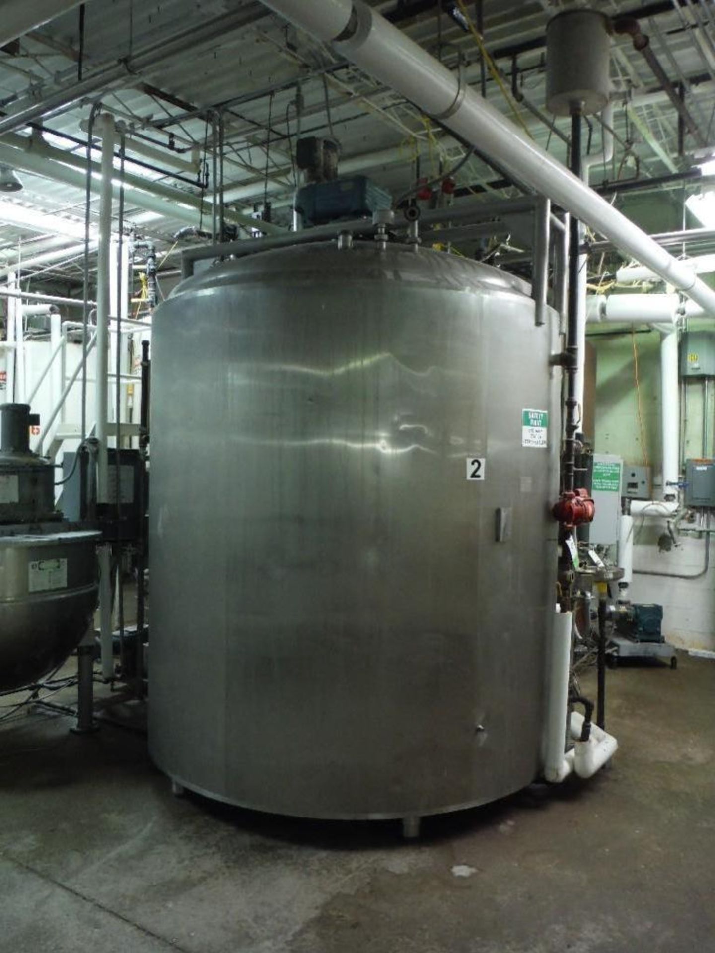 Crepaco SS jacketed tank, SN D 2858, 90 in. dia x 100 in. tall, 50 psig jacket, 3 hp agitator, full
