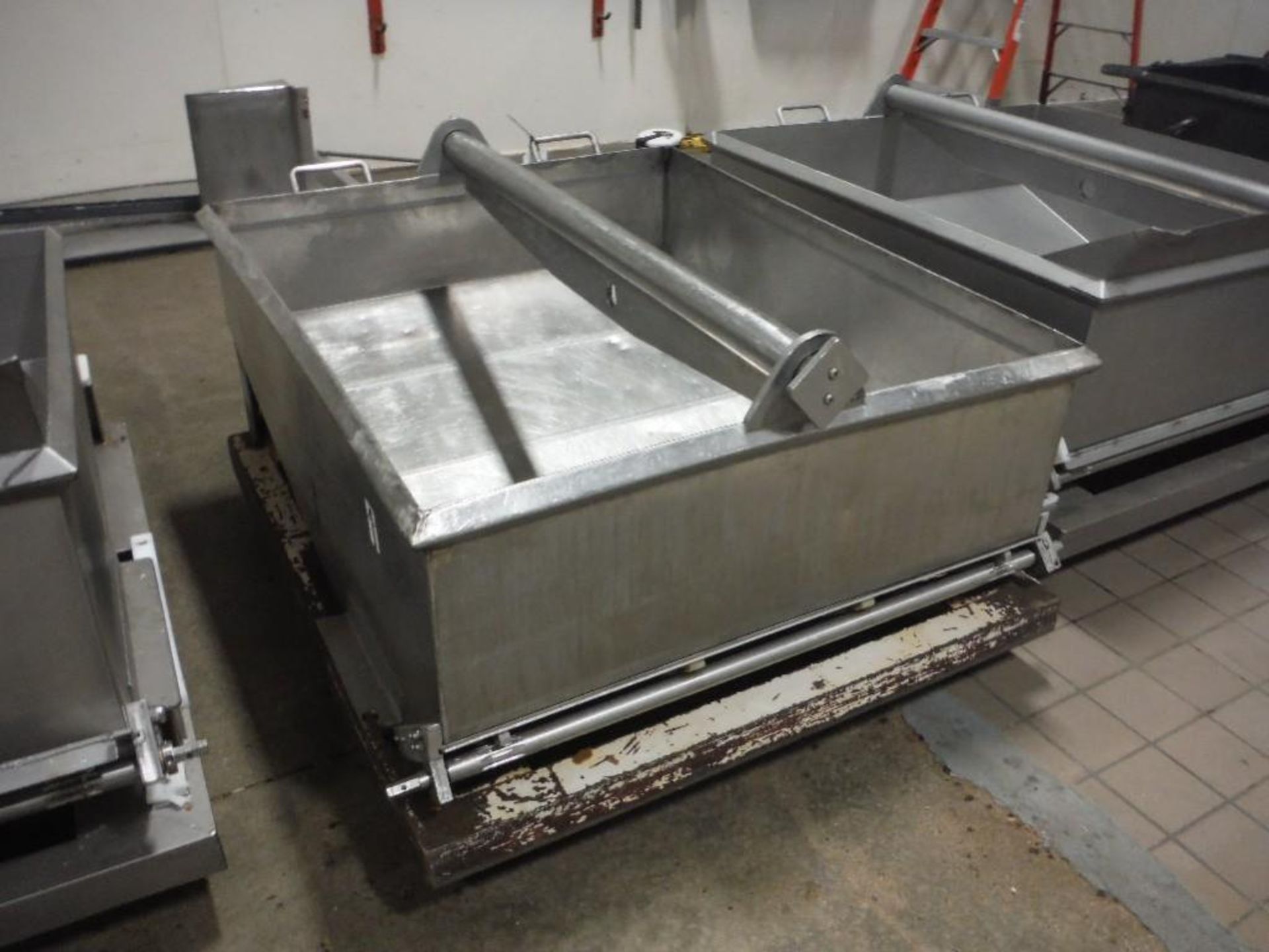 SS dough trough, 54 in. x 46 in. x 28 in. deep, with lifting hook, on wheels, mild steel frame - Rig - Image 3 of 3