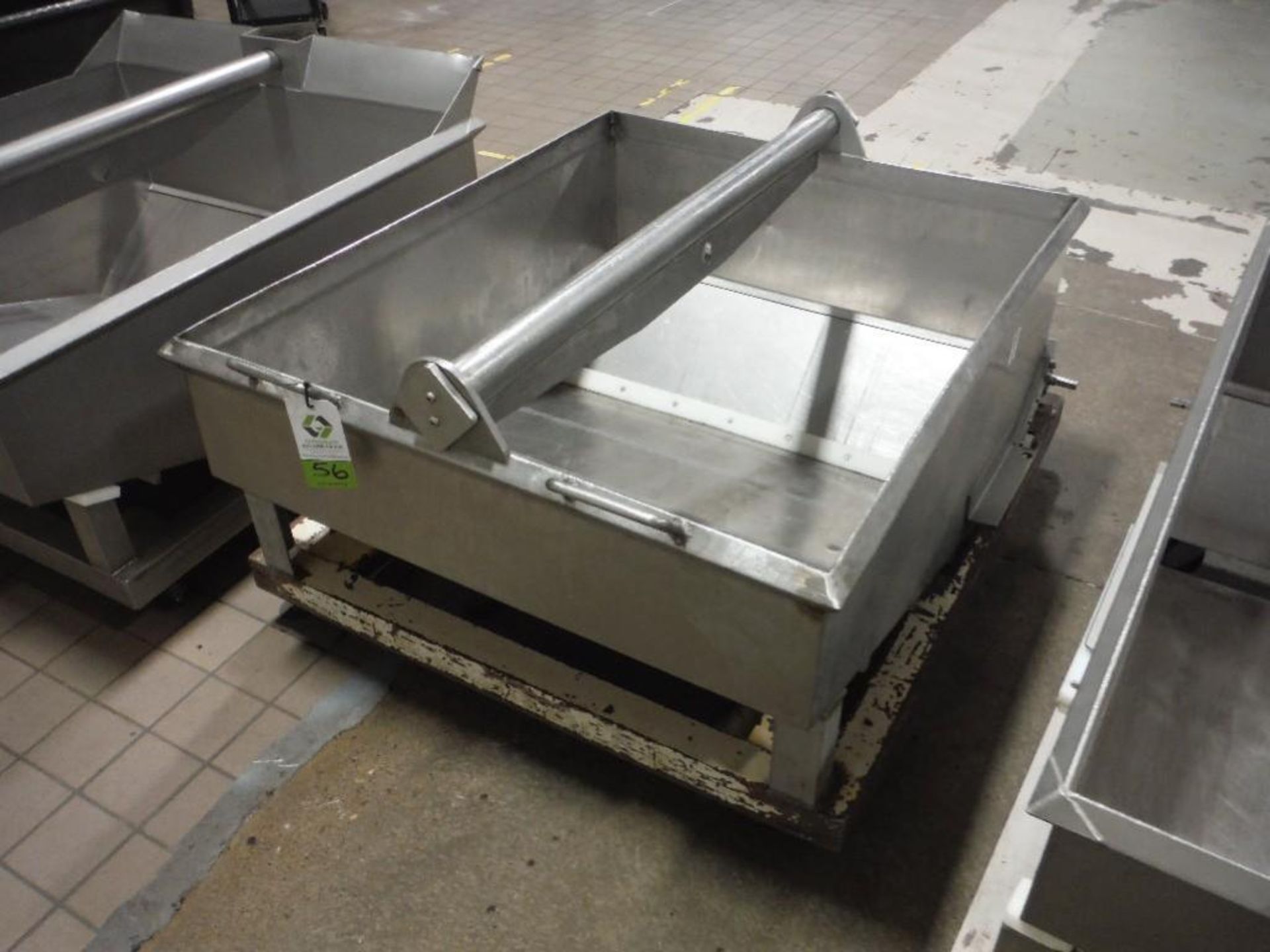 SS dough trough, 54 in. x 46 in. x 28 in. deep, with lifting hook, on wheels, mild steel frame - Rig