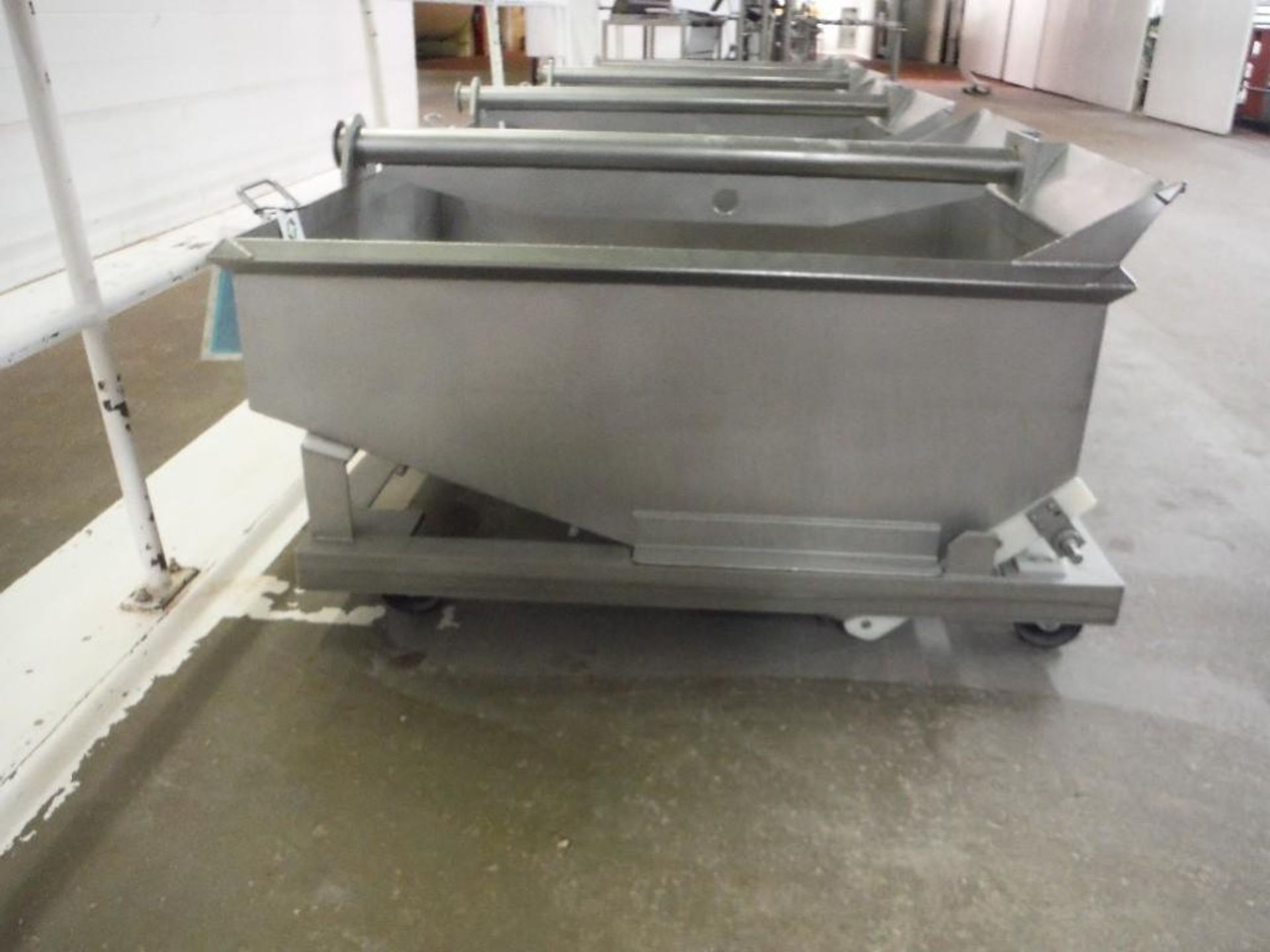 SS dough trough, 52 in. long x 52 in. wide x 25 in. deep, float discharge, SS frame, on casters - Ri - Image 2 of 3