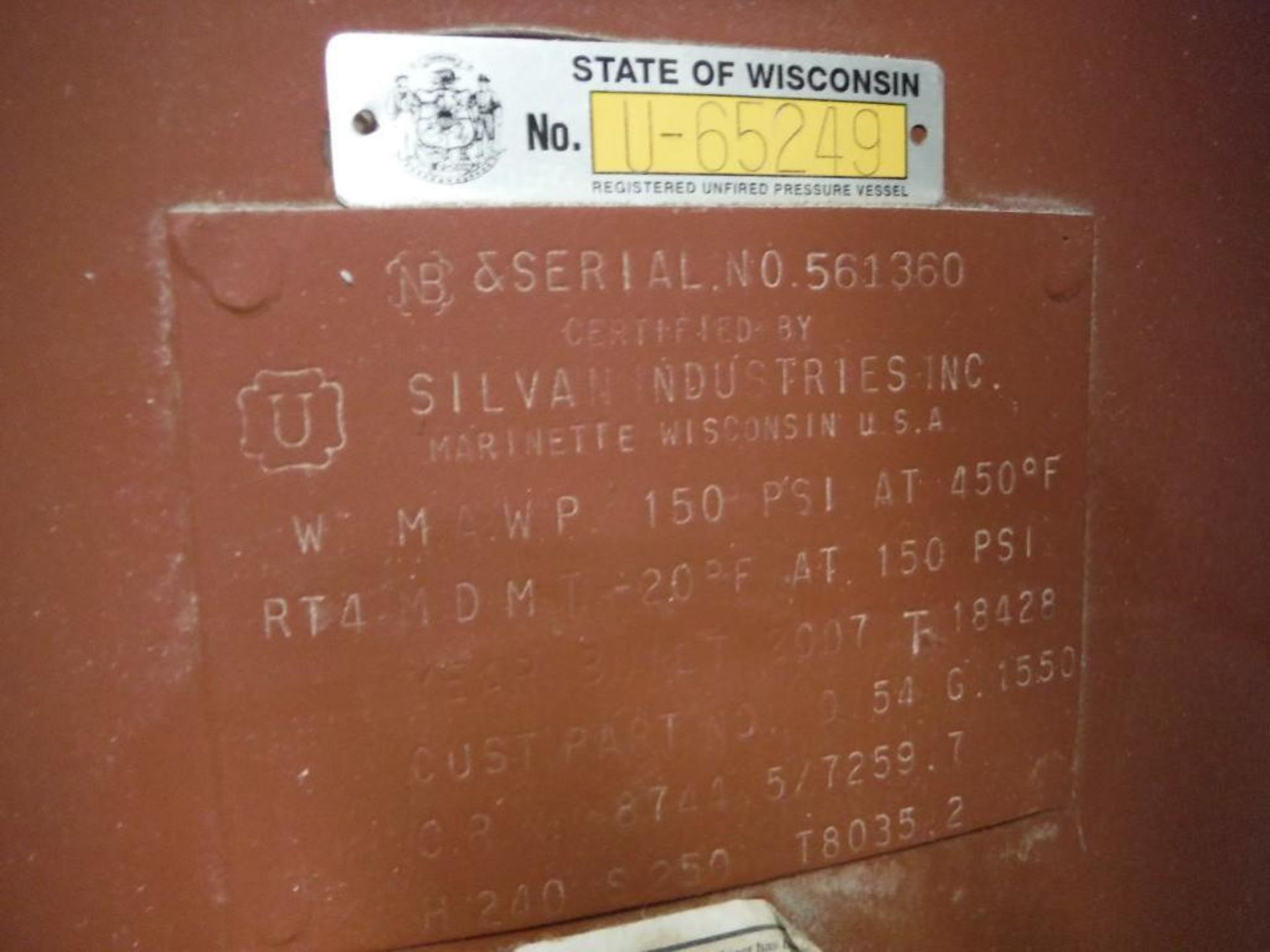 Silvan air receiving tank, 56 in. dia x 140 in. tall, max psi 150 @ 450 F - Rigging Fee: $350 - Image 2 of 5