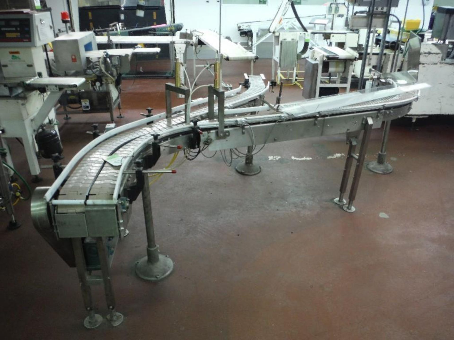 Dual lane S conveyor, 4.5 in. table top belt, 140 in. long x 90 in. wide, SS frame, motor and gearbo