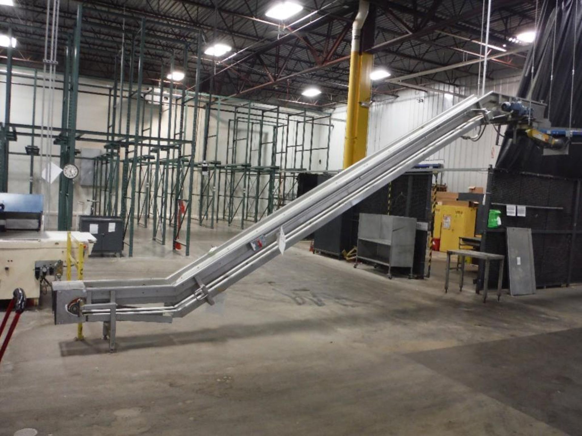 M&S Z flow elevator leg, 12 in. wide cleated conveyor, 25 ft. long x 12 in. wide x 24 in. infeed x 1