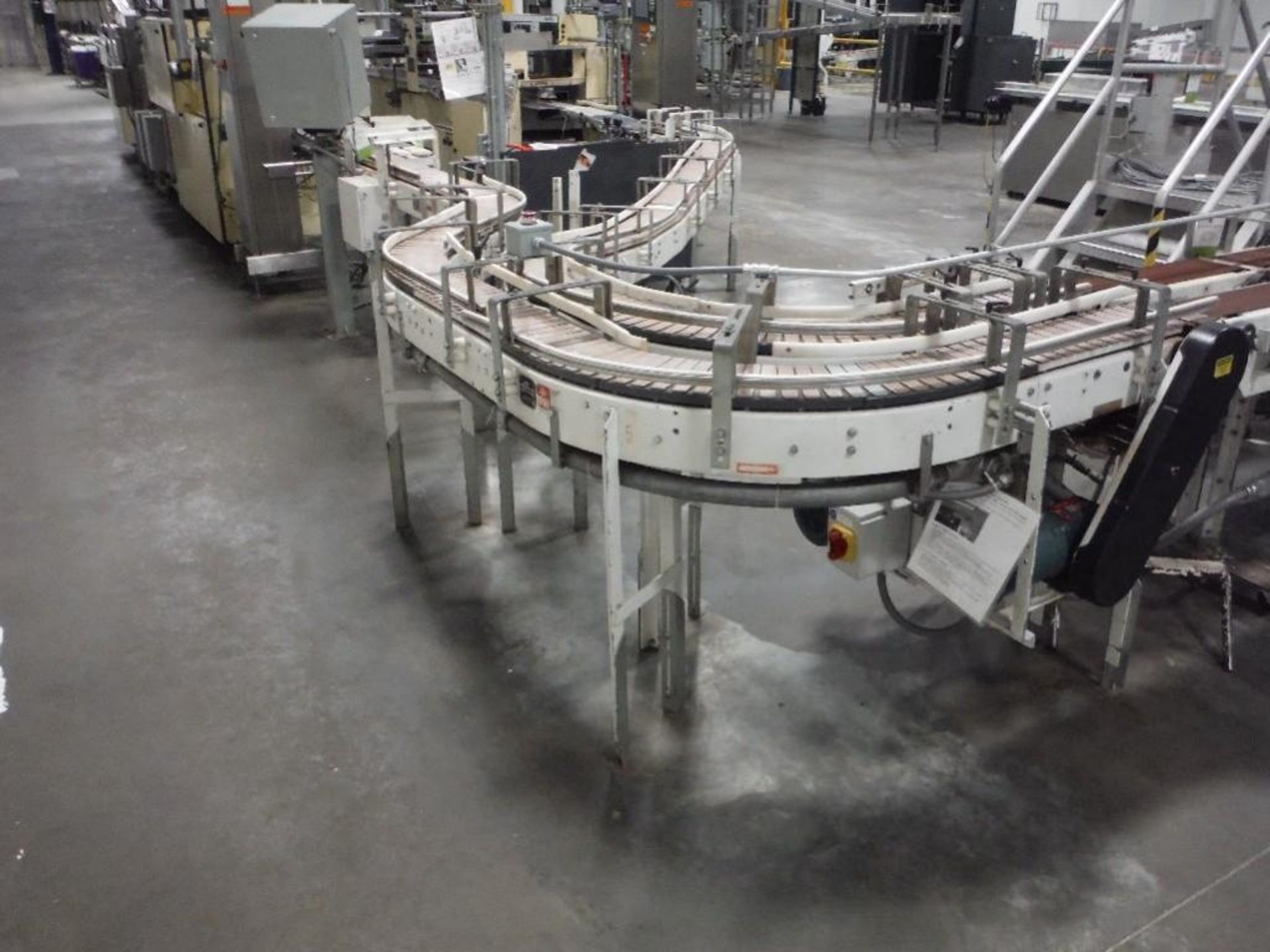 IMH table top conveyor, 6.5 in. wide, 90 degree turn, overall 14 ft. long x steel frame, with drive