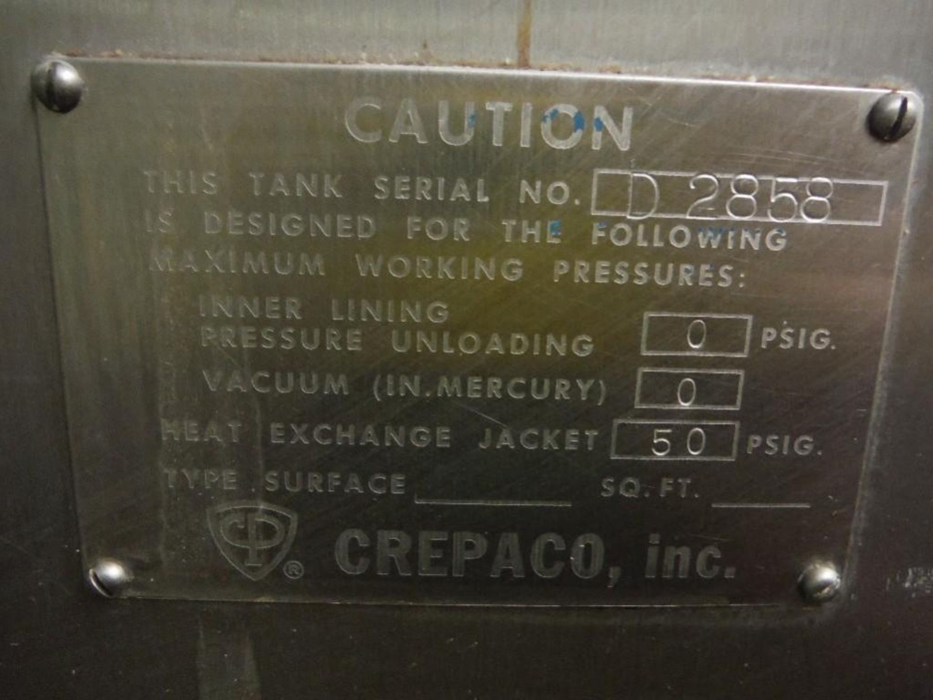 Crepaco SS jacketed tank, SN D 2858, 90 in. dia x 100 in. tall, 50 psig jacket, 3 hp agitator, full - Image 2 of 10