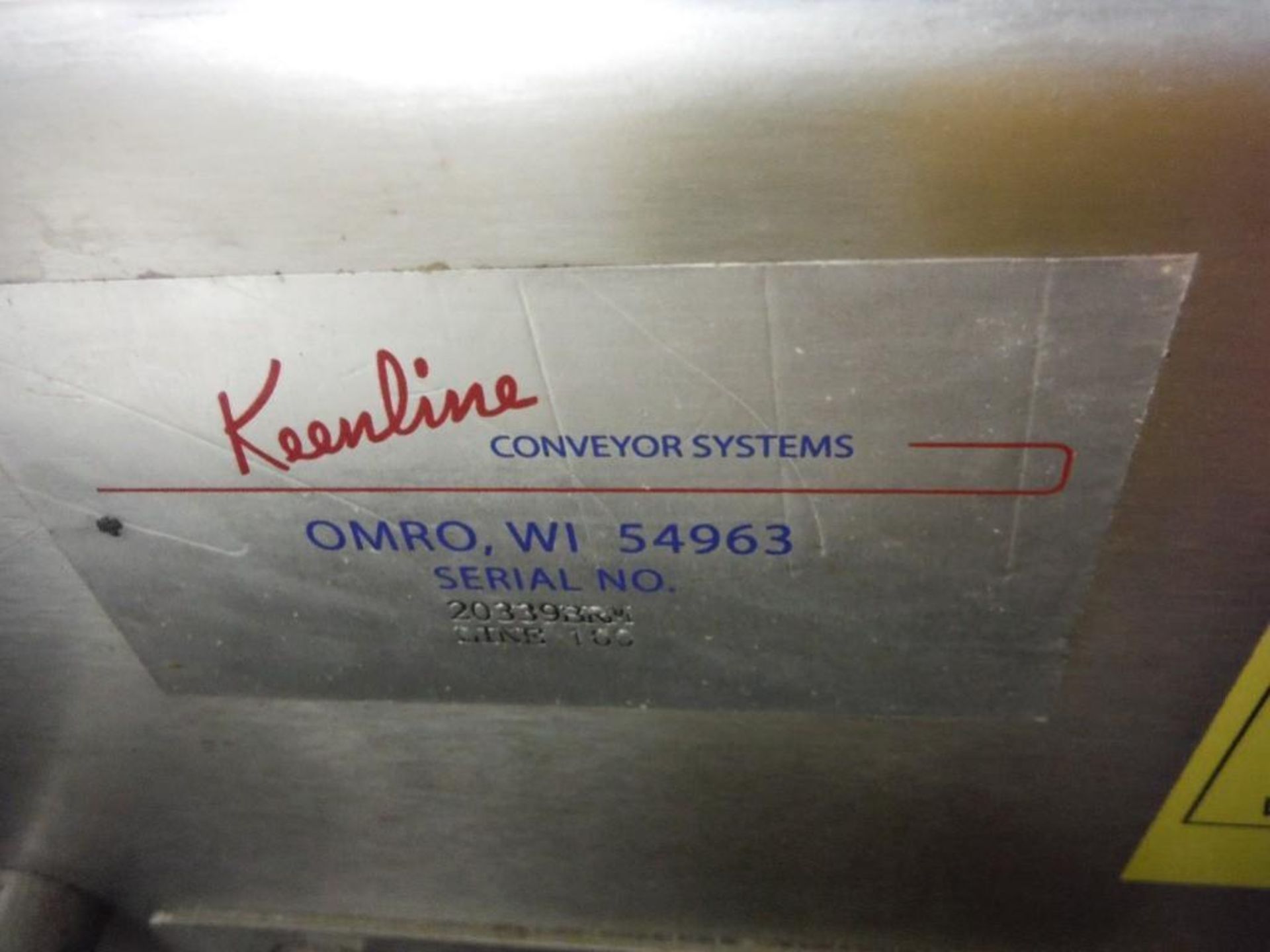 Keenlin belt conveyor, 18 ft. long x 18 in. wide, trough bed, SS frame, with drive, no legs - Riggin - Image 4 of 5
