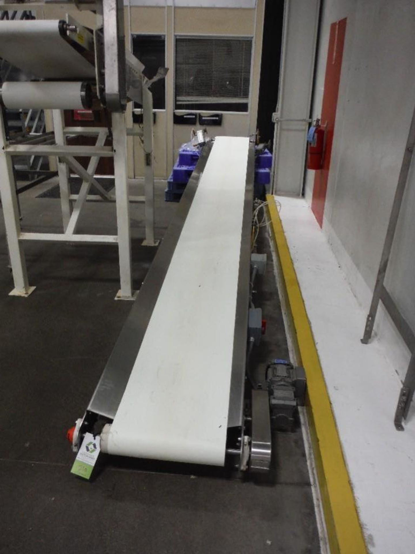 Keenlin belt conveyor, 18 ft. long x 18 in. wide, trough bed, SS frame, with drive, no legs - Riggin