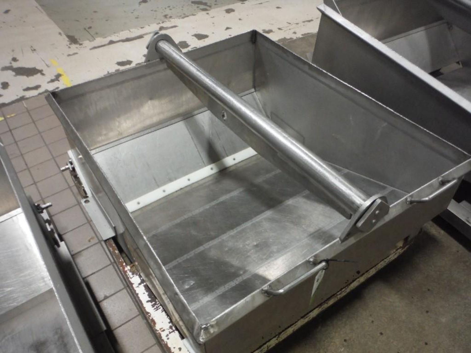 SS dough trough, 54 in. x 46 in. x 28 in. deep, with lifting hook, on wheels, mild steel frame - Rig - Image 2 of 3