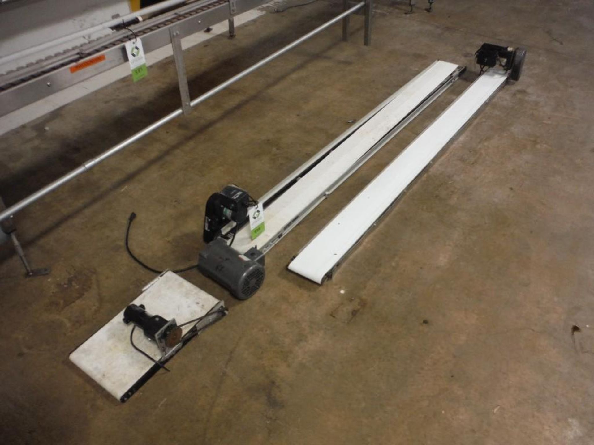 (2) belt conveyors, 96 in. long x 5 in. wide, aluminum bed, with drives, (1) belt conveyor 20 in. lo