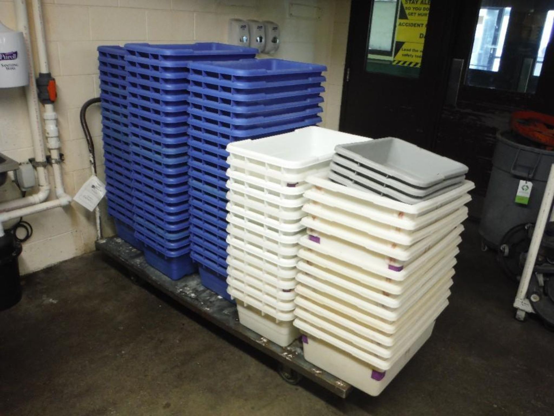 Lot of assorted blue and white poly totes, and cart - Rigging Fee: $75