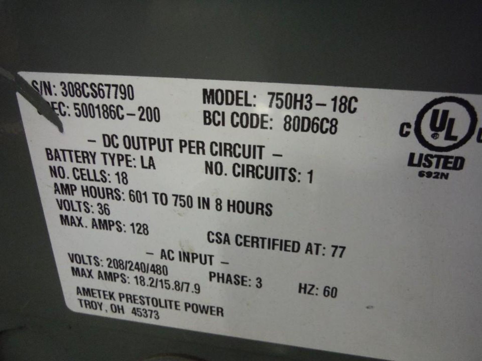 Prestolite 36 v battery charger, Model 750H3-18C - Rigging Fee: $100 - Image 4 of 4