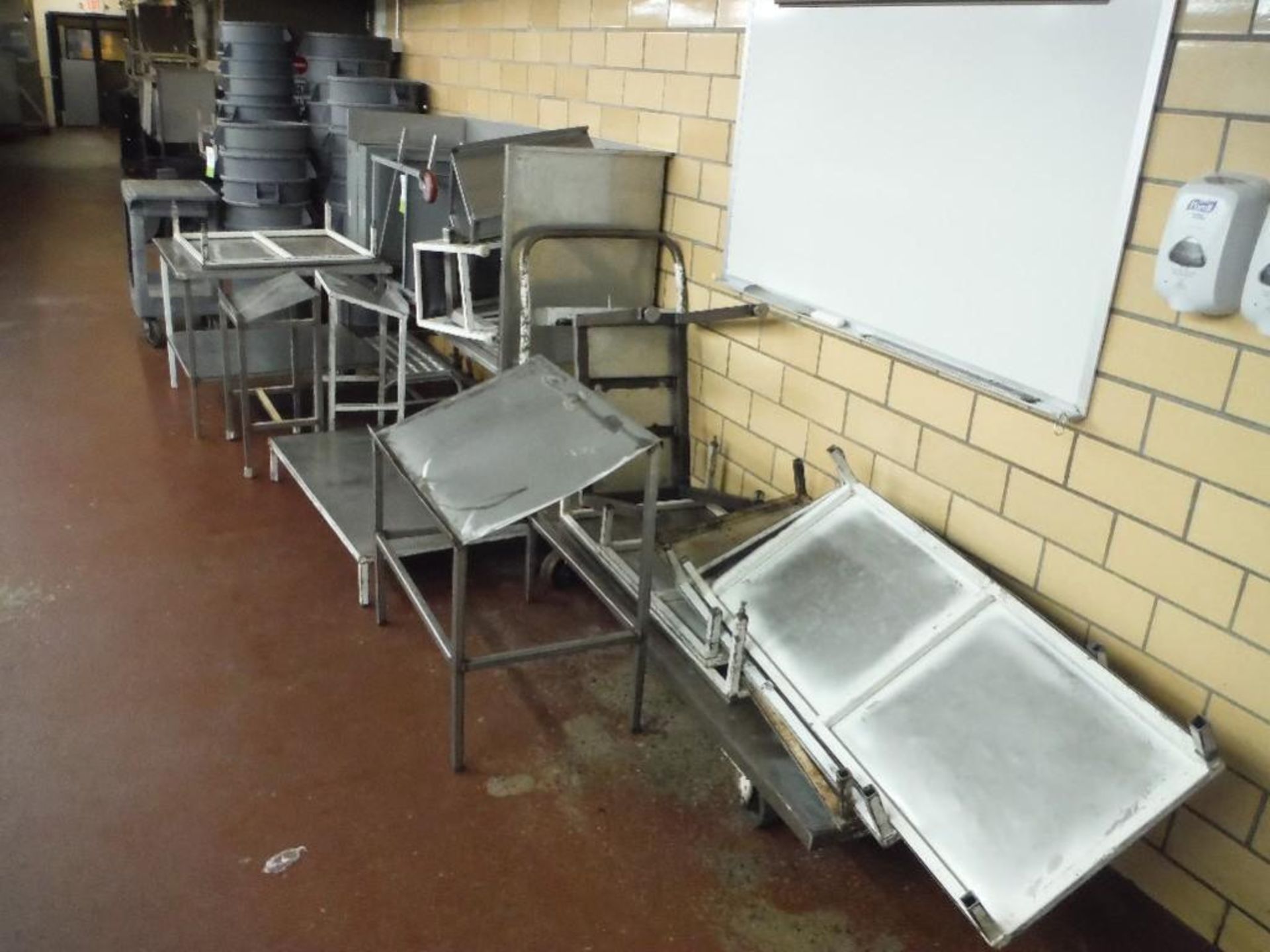 Lot of assorted SS tables, and steel tables and steps - Rigging Fee: $250 - Image 2 of 3