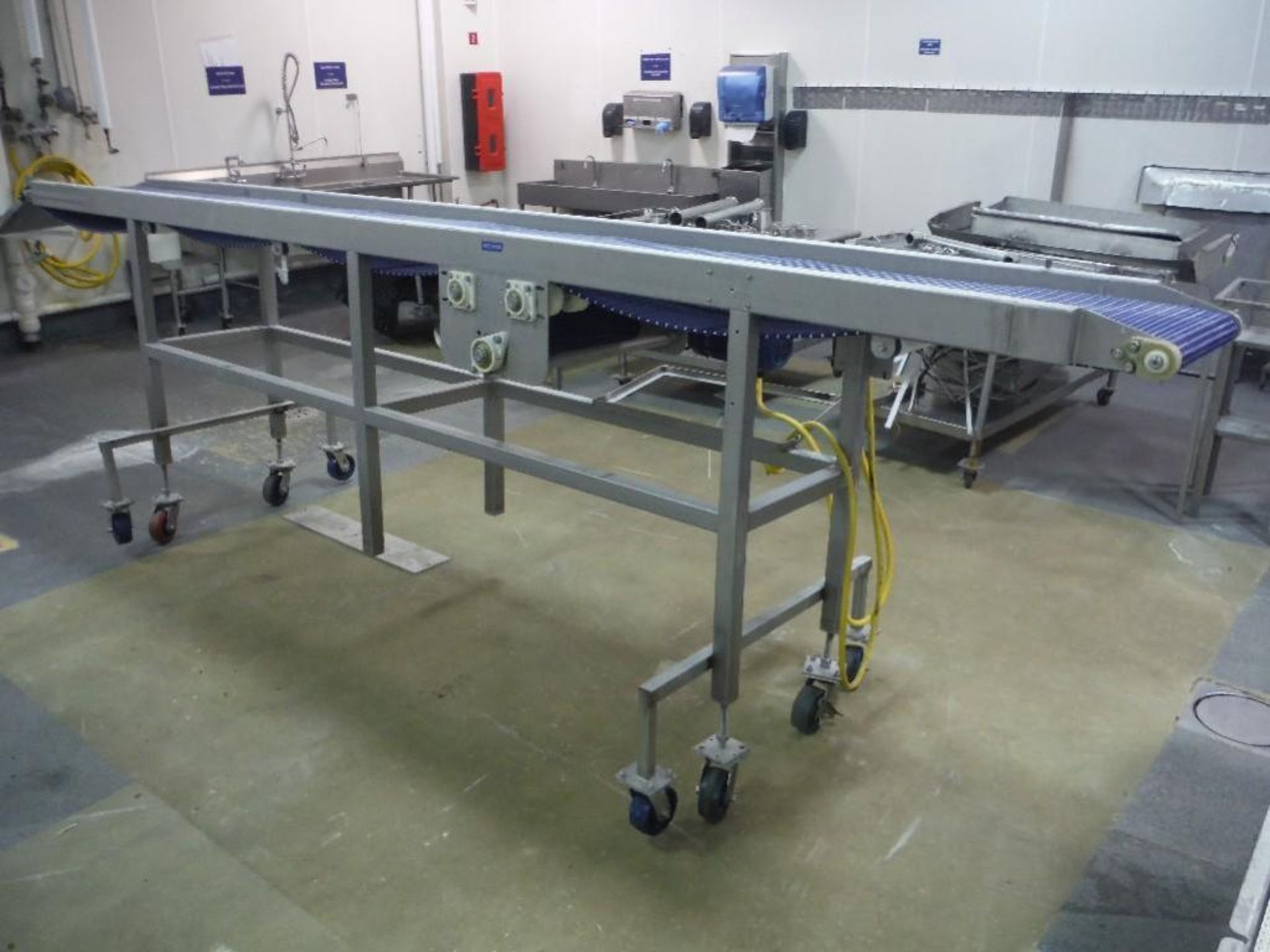 SS conveyor, plastic intralox belt, 15 ft. long x 18 in. wide x 48 in. tall, on wheels, motor and dr - Image 6 of 6