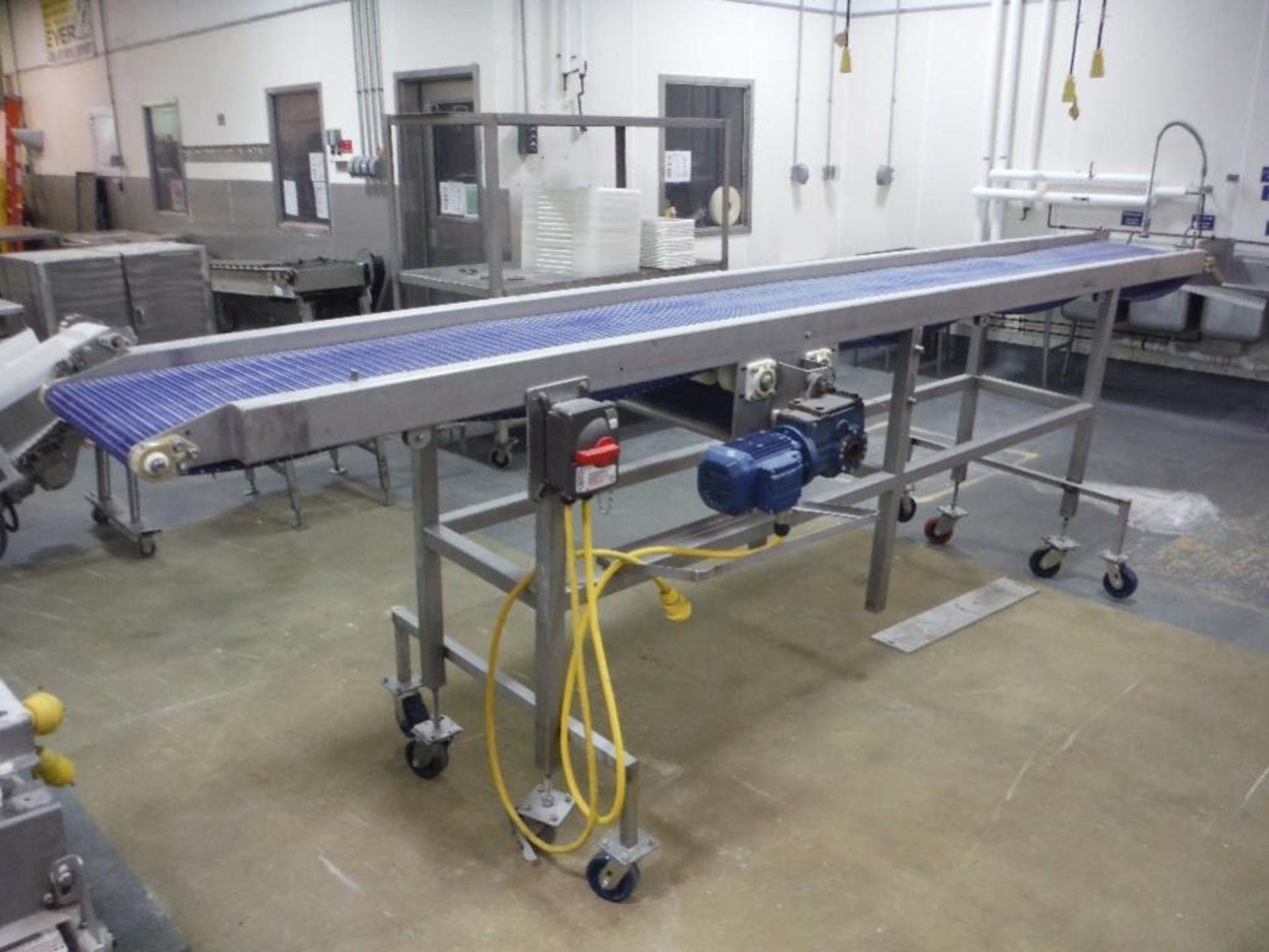 SS conveyor, plastic intralox belt, 15 ft. long x 18 in. wide x 48 in. tall, on wheels, motor and dr - Image 5 of 6