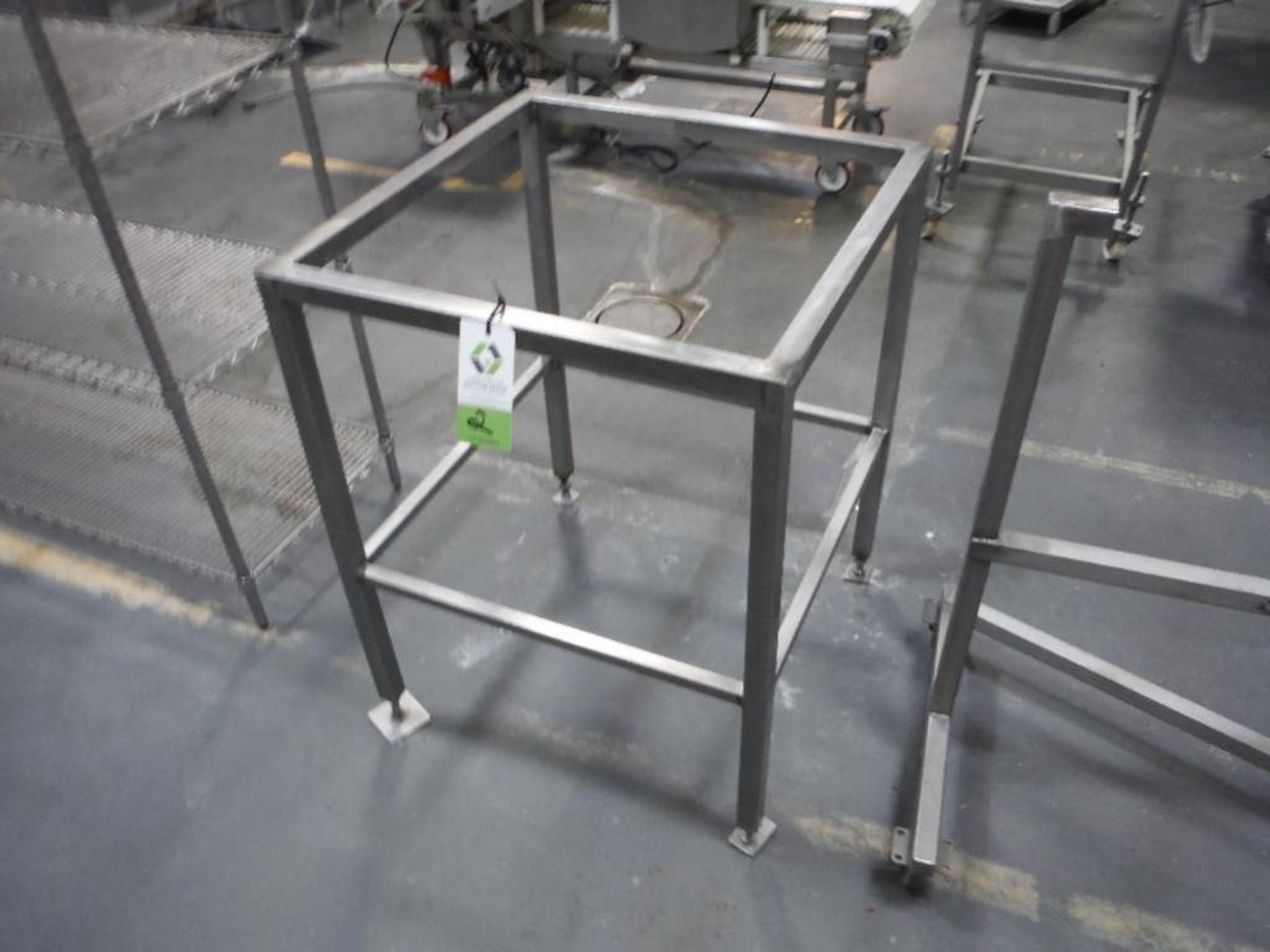 SS table frame, 30 in. long x 30 in. wide x 38 in. tall, SS rack, 60 in. long on wheels, **(Located - Image 2 of 3