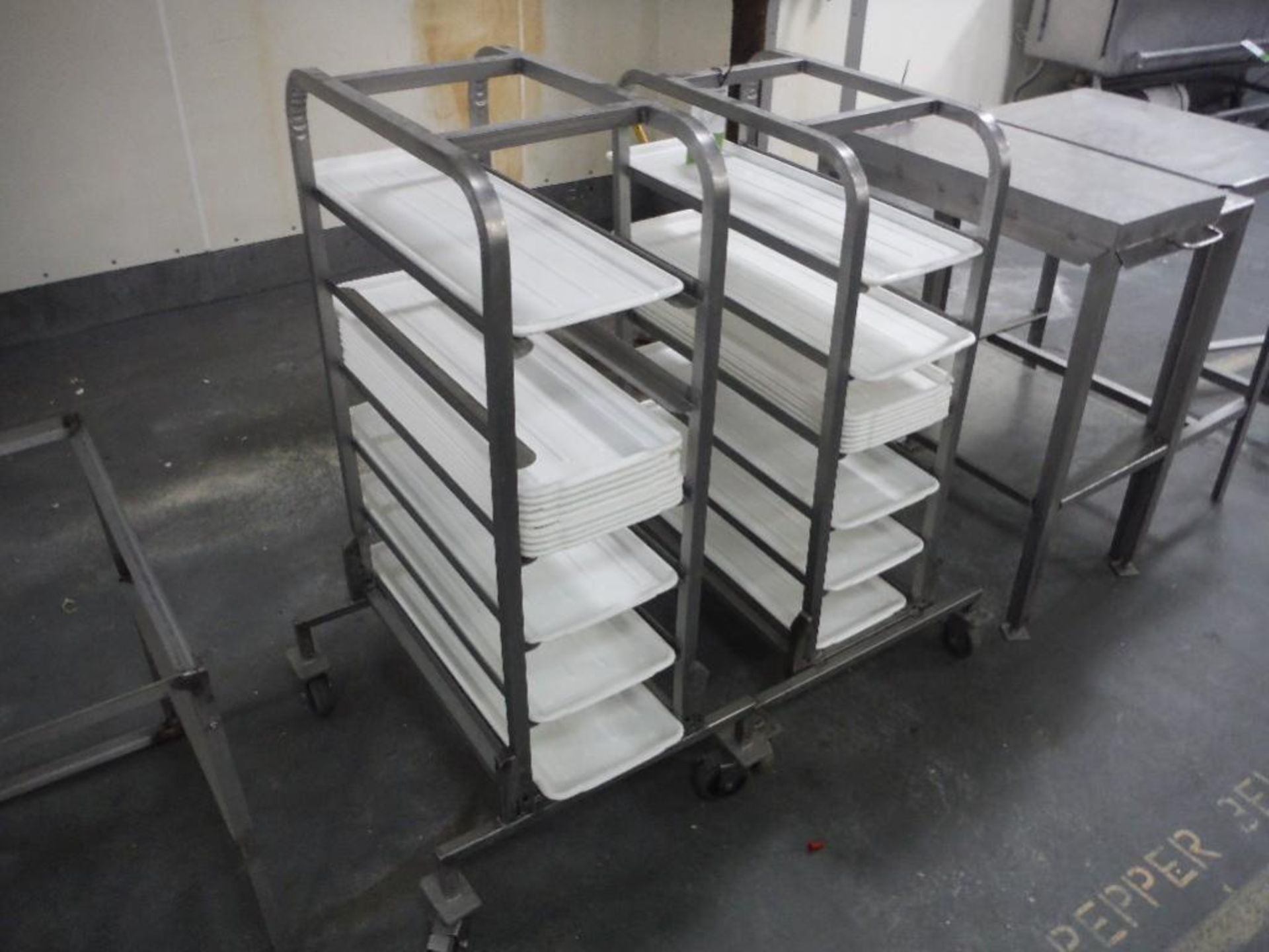 (2) SS pan carts for 11 in. x 26 in. trays, 6 shelves each, with pans (lot), **(Located in: Marshall - Image 4 of 4