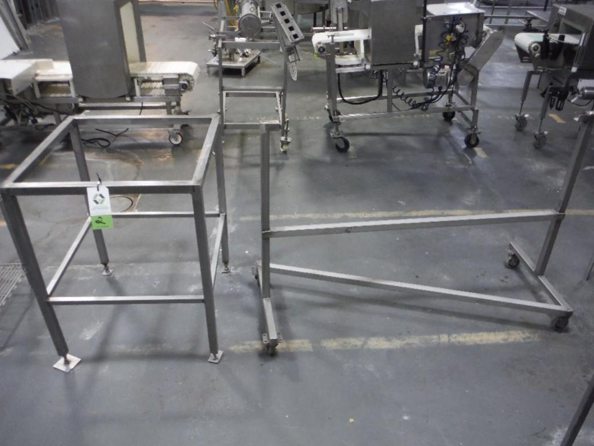 SS table frame, 30 in. long x 30 in. wide x 38 in. tall, SS rack, 60 in. long on wheels, **(Located