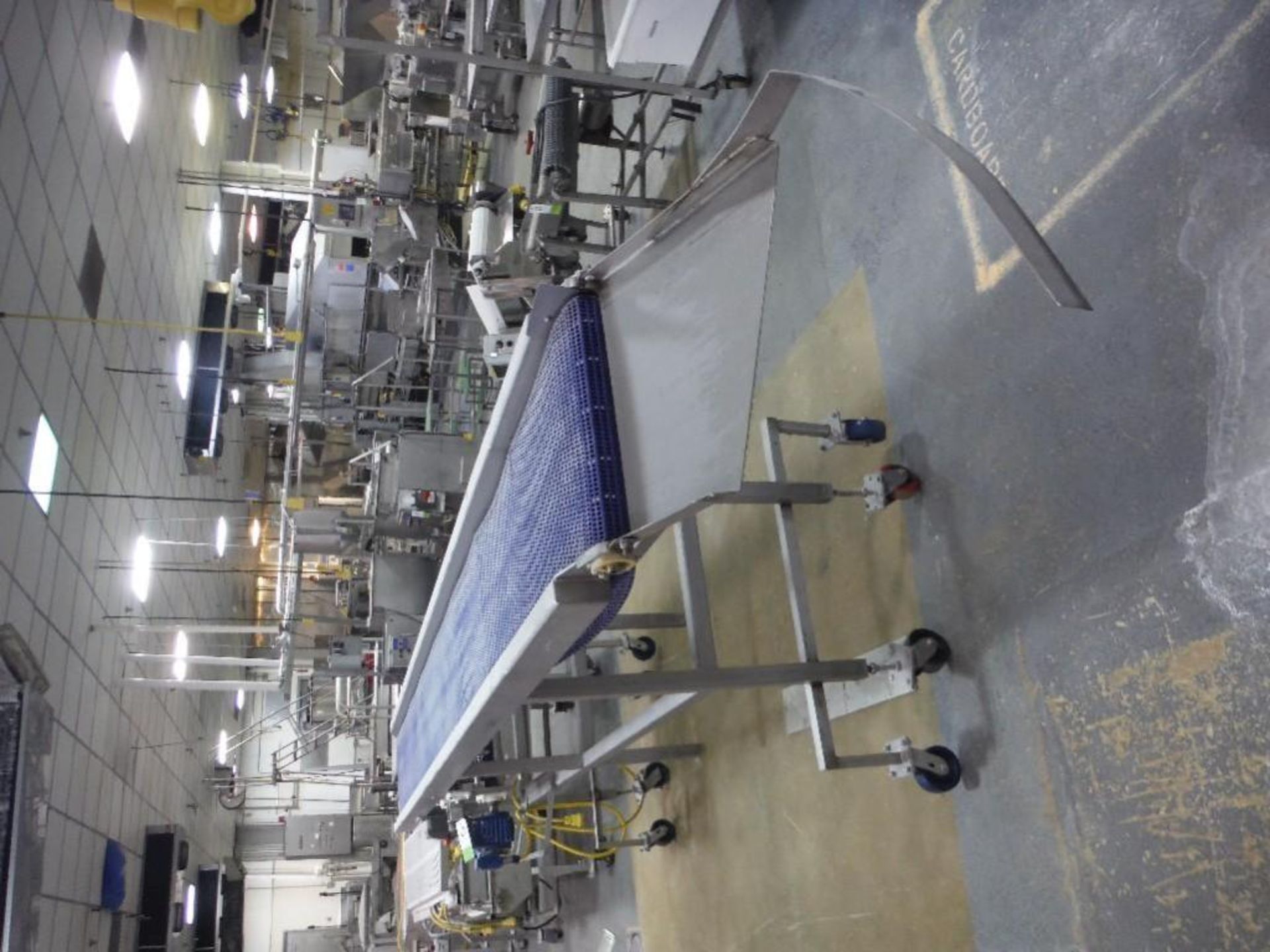 SS conveyor, plastic intralox belt, 15 ft. long x 18 in. wide x 48 in. tall, on wheels, motor and dr - Image 4 of 6