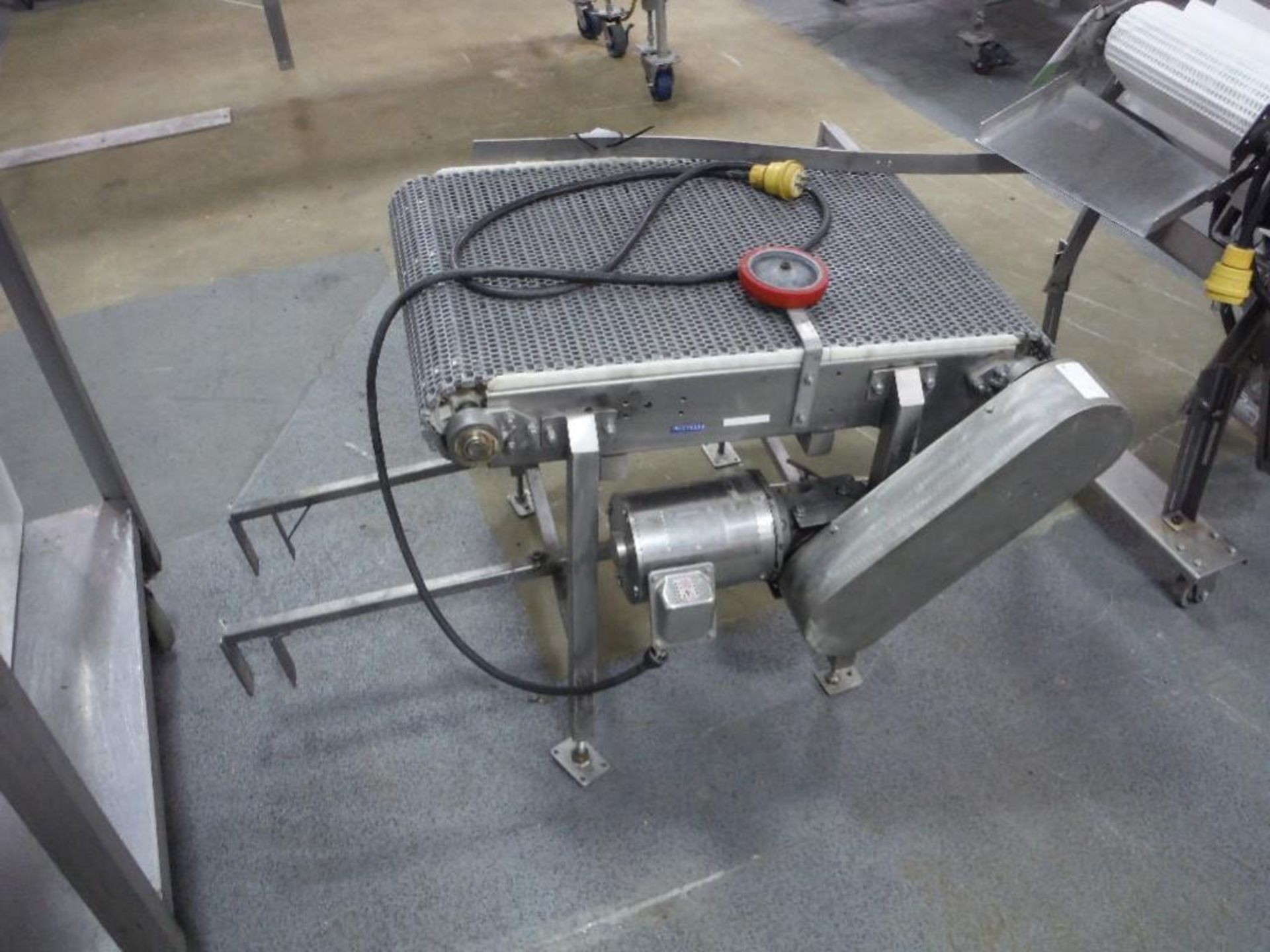 Transfer conveyor, plastic intralox belt 36 in. long x 20 in. wide x 32 in. tall, SS washdown motor, - Image 2 of 4