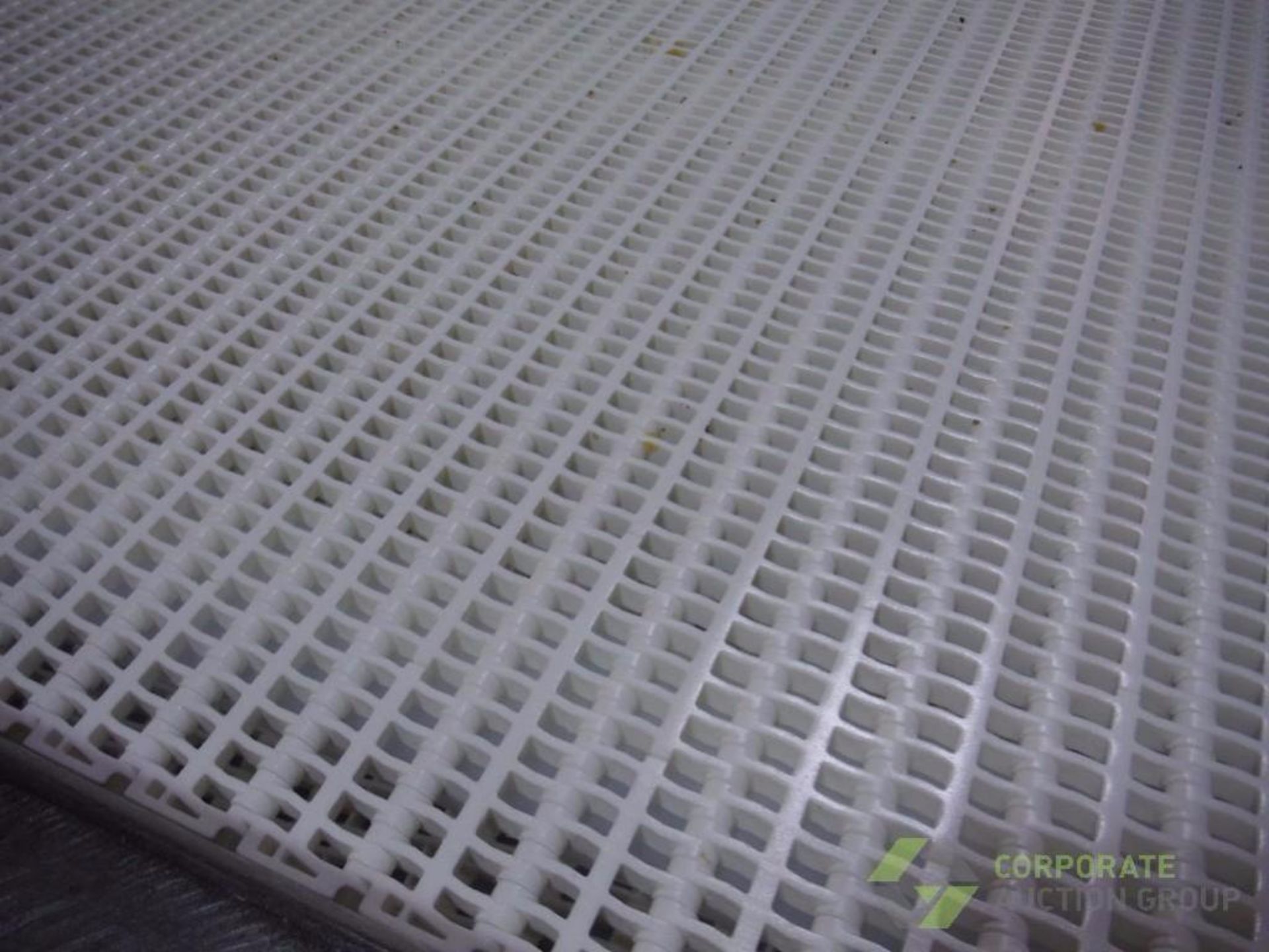 SS conveyor, white plastic interlock belt, 31 ft. long x 24 in. wide, motor and drive, leveling legs - Image 2 of 4