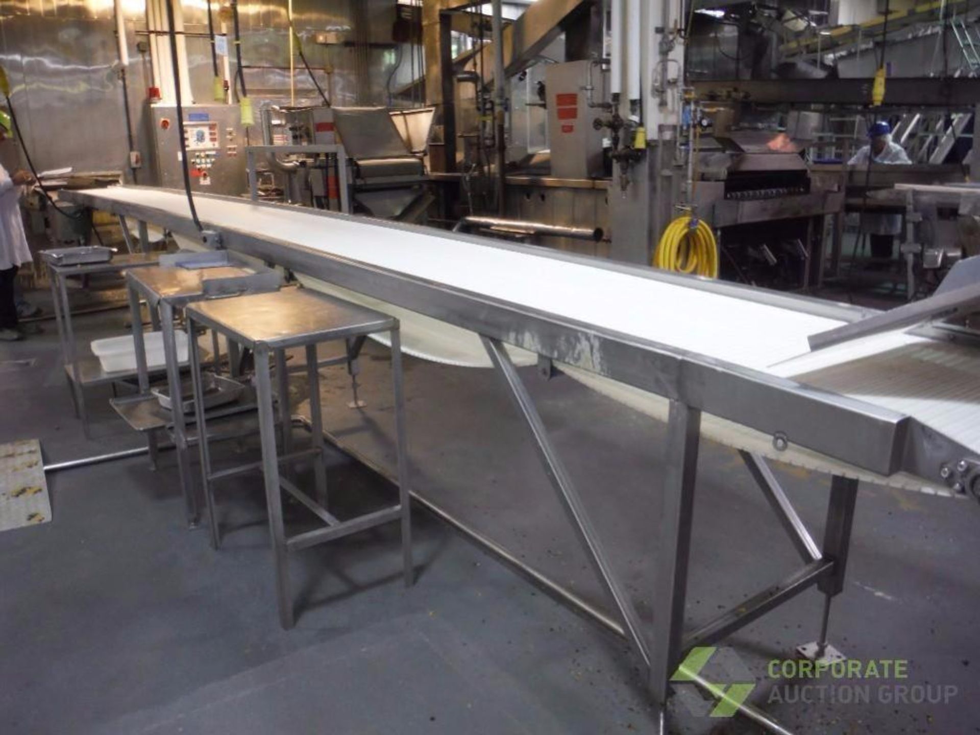 SS conveyor, white plastic interlock belt, 31 ft. long x 24 in. wide, motor and drive, leveling legs