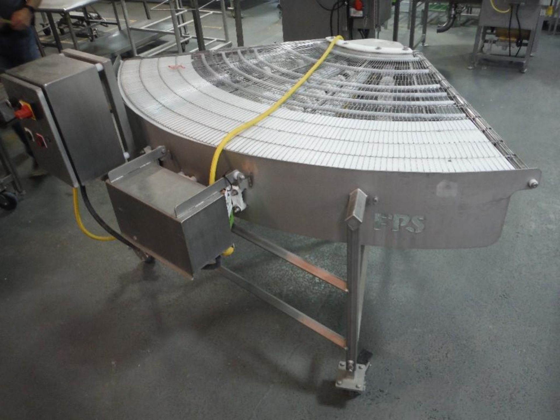 FPS SS wire 90 degree conveyor, Model 4000, SN 2092A, 90 in. long x 43 in. wide, SS frame, on wheels