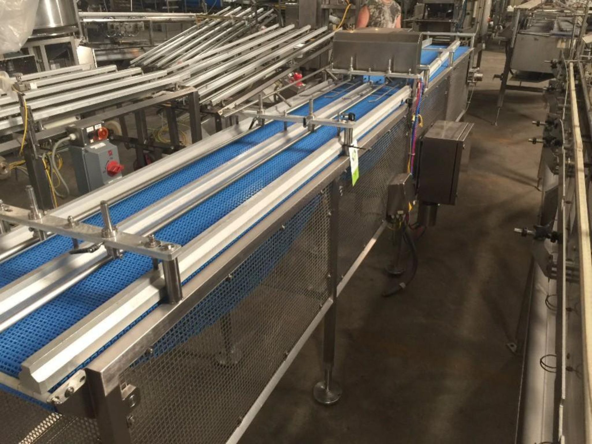 SS conveyor, single belt 18 in wide x 170 in long, 2 lane to 1 lane guides, blue plastic belt. ** (L - Image 5 of 7