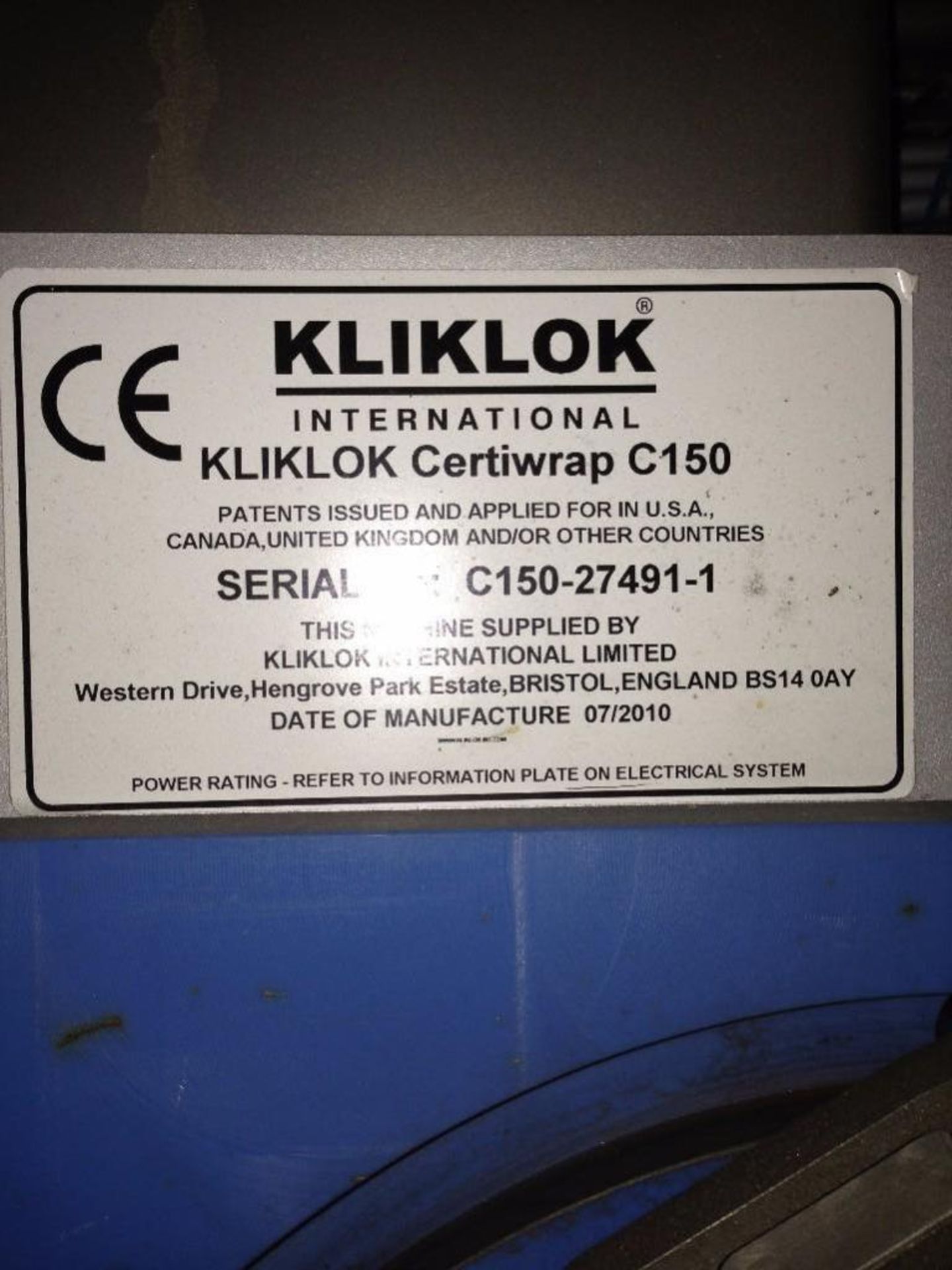 KlikLot Certiwrap Model C-150, s/n C150-27491-1, Mfg. 7/1/2010, Carton Size B 340x193, MISSING GLUE - Bild 4 aus 21