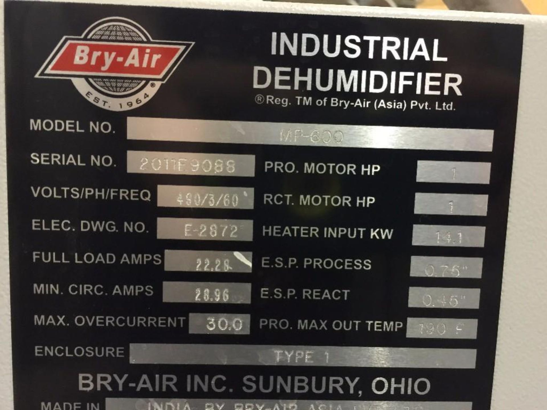 Dry-Air industrial dehumidifier, model MP-600, s/n 2011E9088, on cart, 3 phase.** (Located in Omaha, - Bild 5 aus 8
