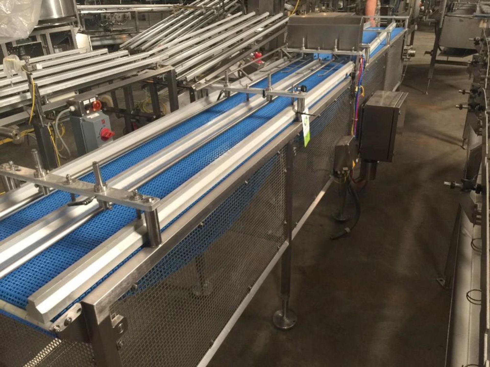 SS conveyor, single belt 18 in wide x 170 in long, 2 lane to 1 lane guides, blue plastic belt. ** (L - Image 6 of 7