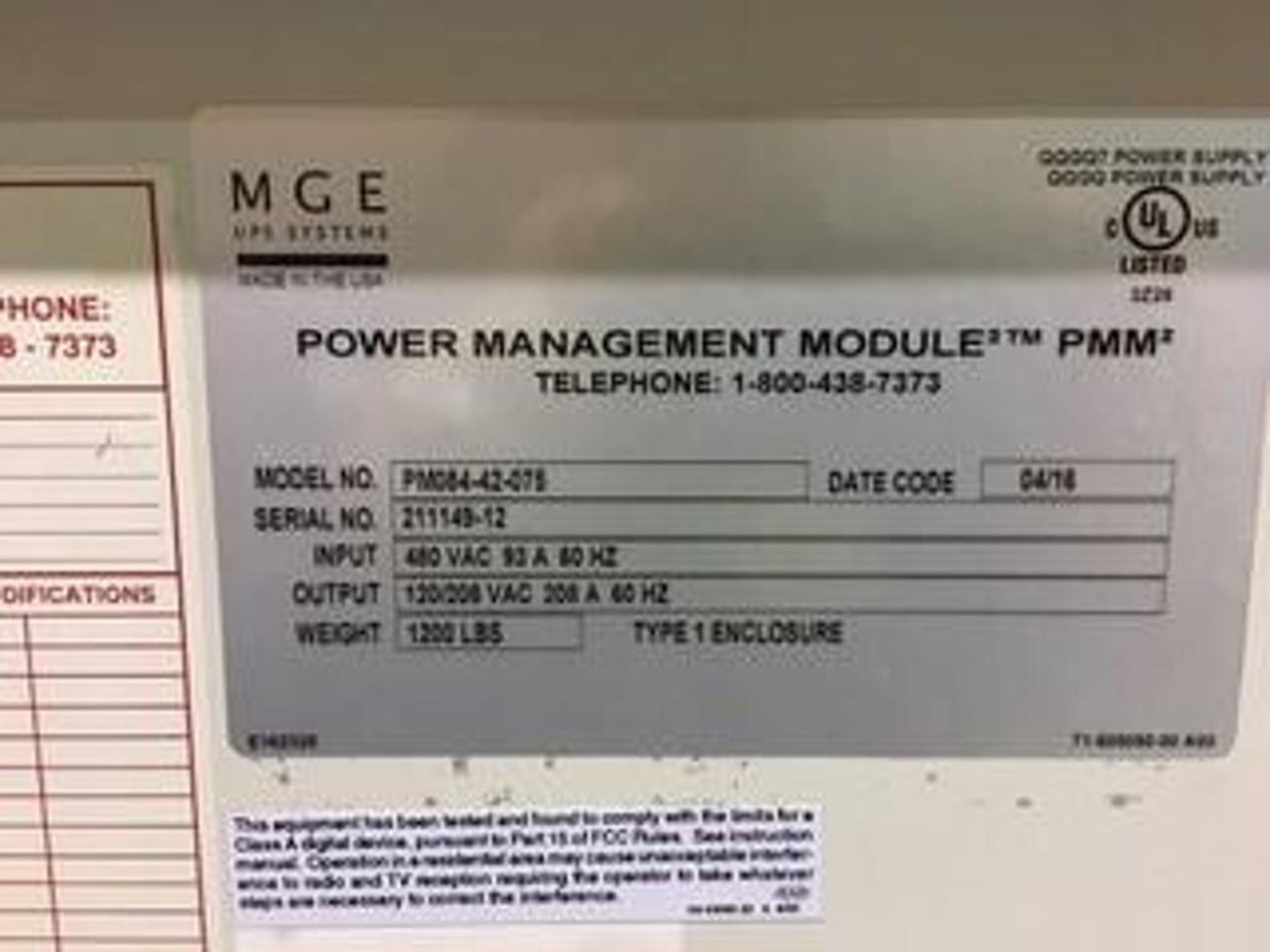 Emerson power management module, Model PMN084-42-0075, SN 211149-12, 480 volt, unit PDU-A1.** (Locat - Bild 2 aus 2