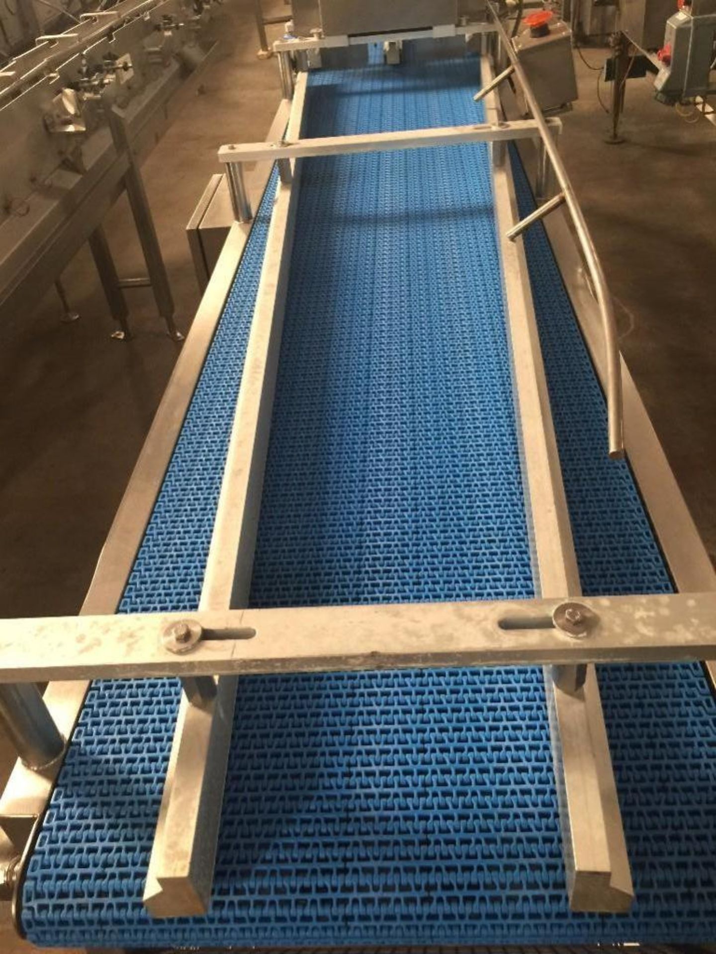 SS conveyor, single belt 18 in wide x 170 in long, 2 lane to 1 lane guides, blue plastic belt. ** (L - Image 7 of 7