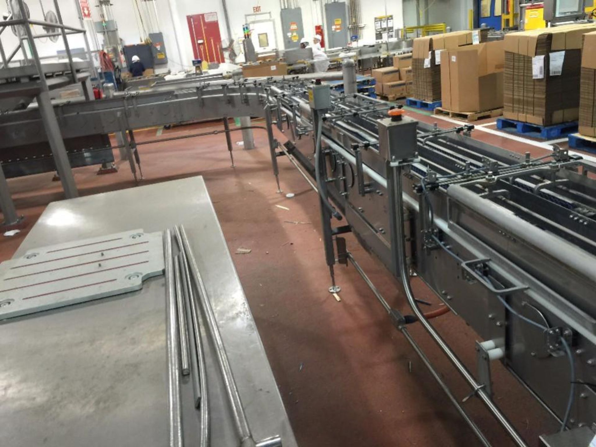 Dillin SS 2-belt conveyor, each belt is 8 in wide, blue plastic belt, L-shape, 18 ft straight to 90