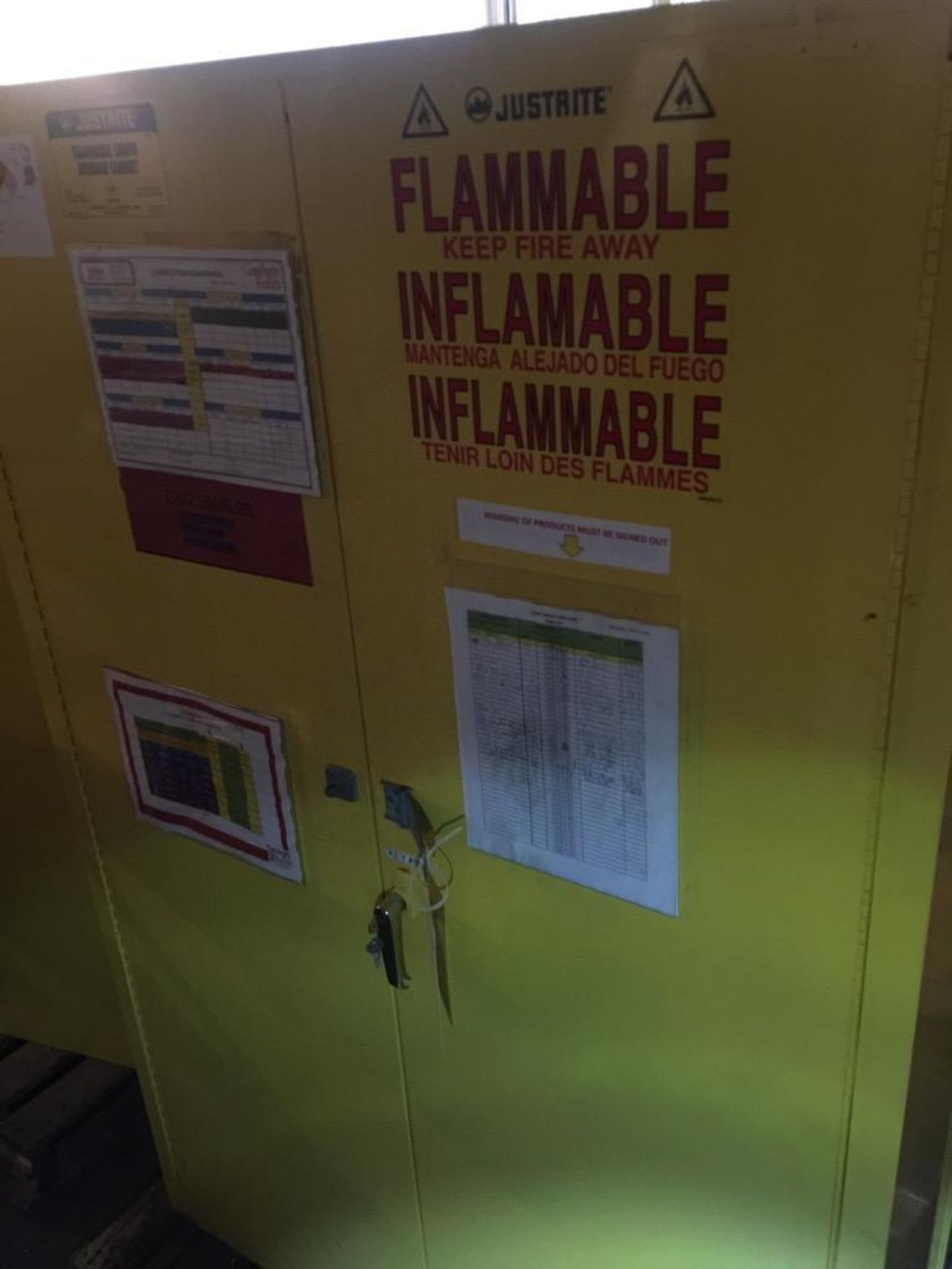 Justrite 2-door flammable liquid storage cabinet, model 25452, 45 gallon capacity. 43 x 18 x 65 in.