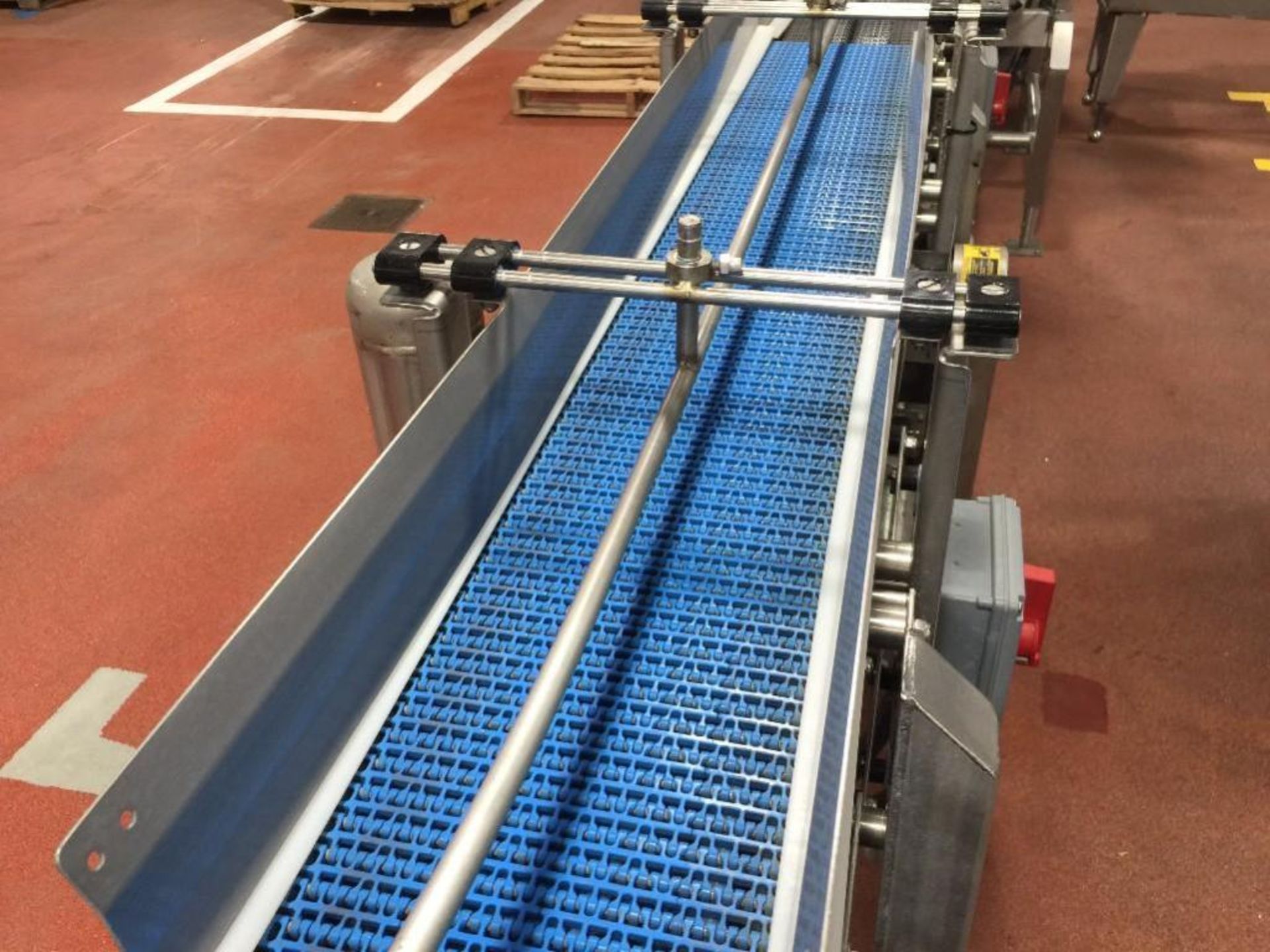 Dillin Mfg. SS conveyor, 1-lane, 8 in wide x 52 in long, blue plastic belt, motor and drive. ** (Loc - Image 6 of 6