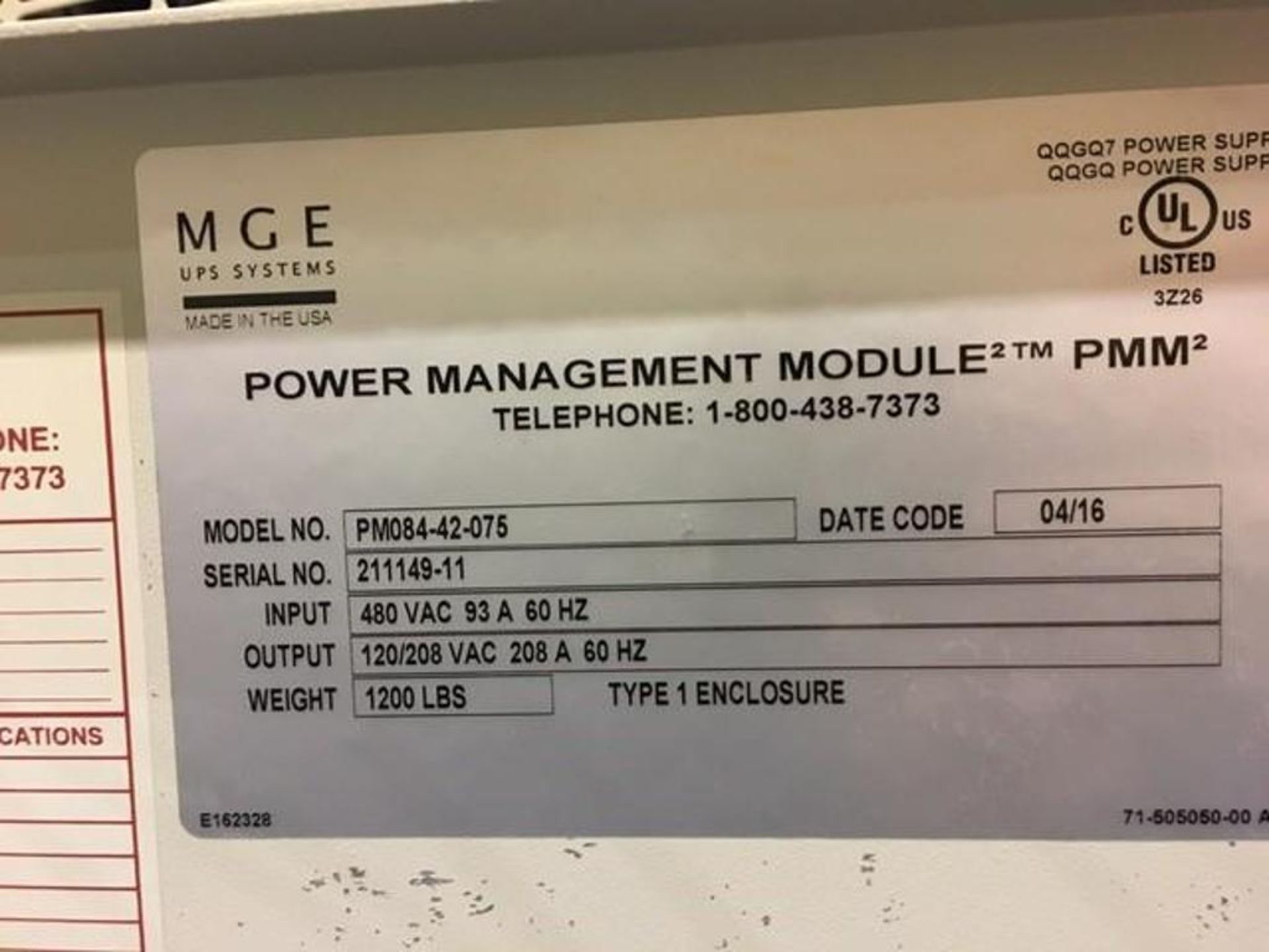 Emerson power management module, Model PMN084-42-0075, SN 211149-11, 480 volt, unit PDU-B1.** (Locat - Bild 2 aus 2