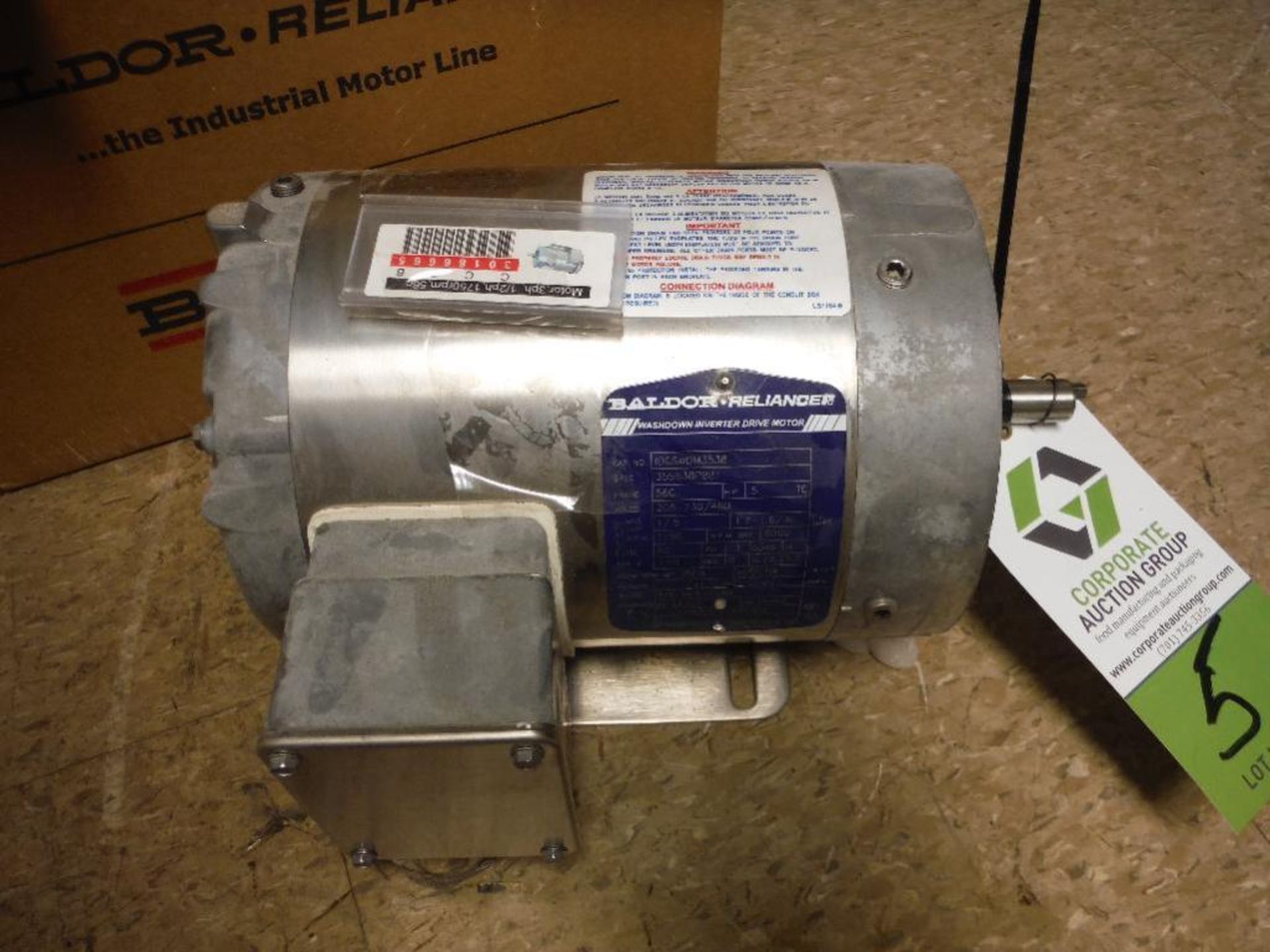 Baldor motor, .5 hp, 3 phase, frame 56C, rpm 1750. Rigging Fee: $25