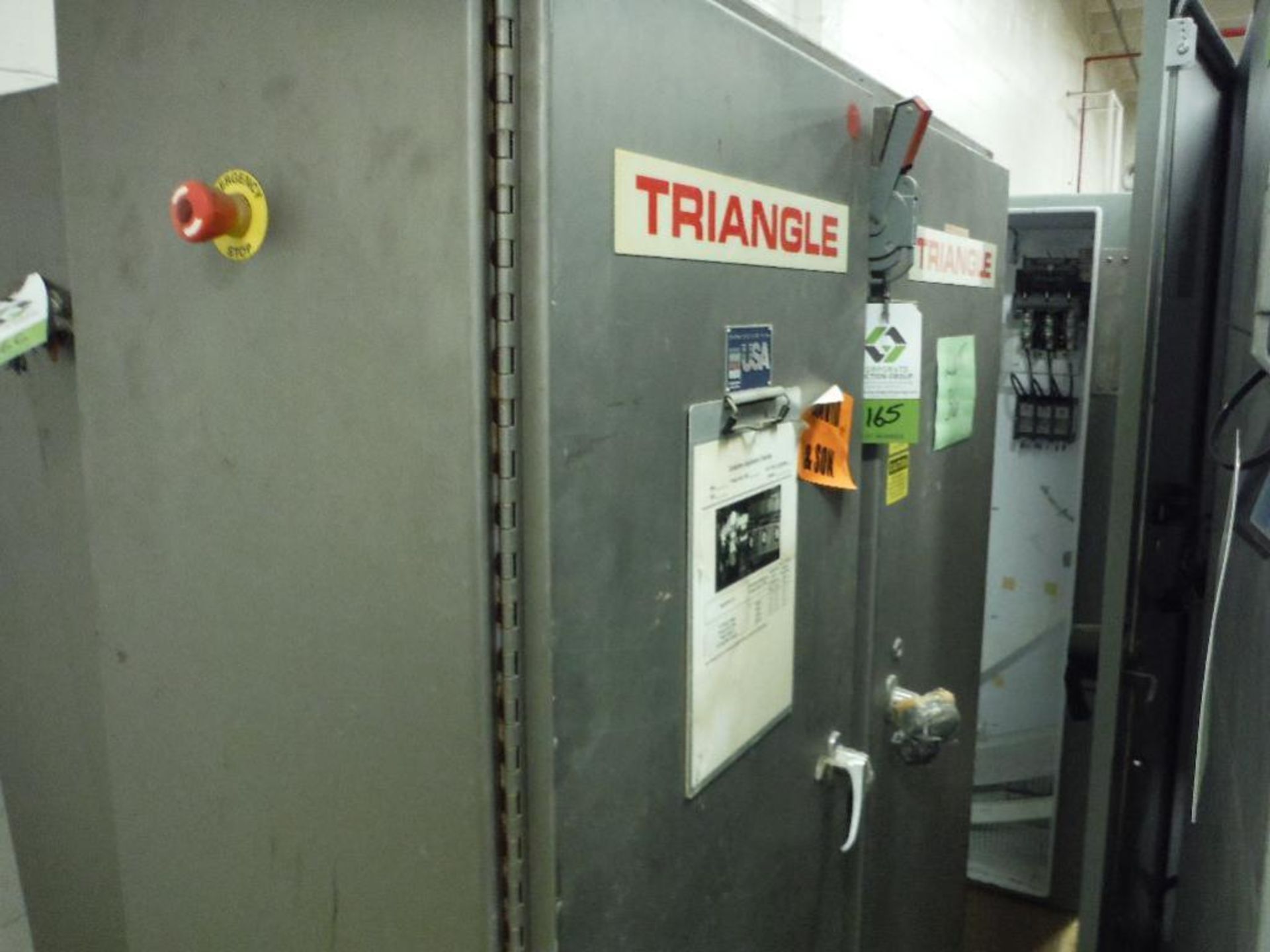 Mild steel control panel, 54 in. x 16 in. x 60 in. tall, misc. electric parts, labeled for Triangle