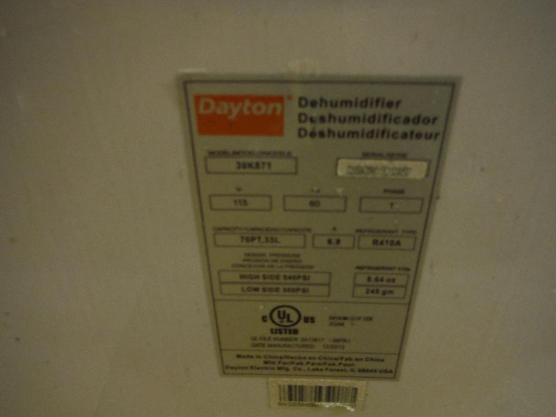 Dayton dehumidifier, Model 39K871 (EACH). Rigging Fee: $50 - Image 2 of 3