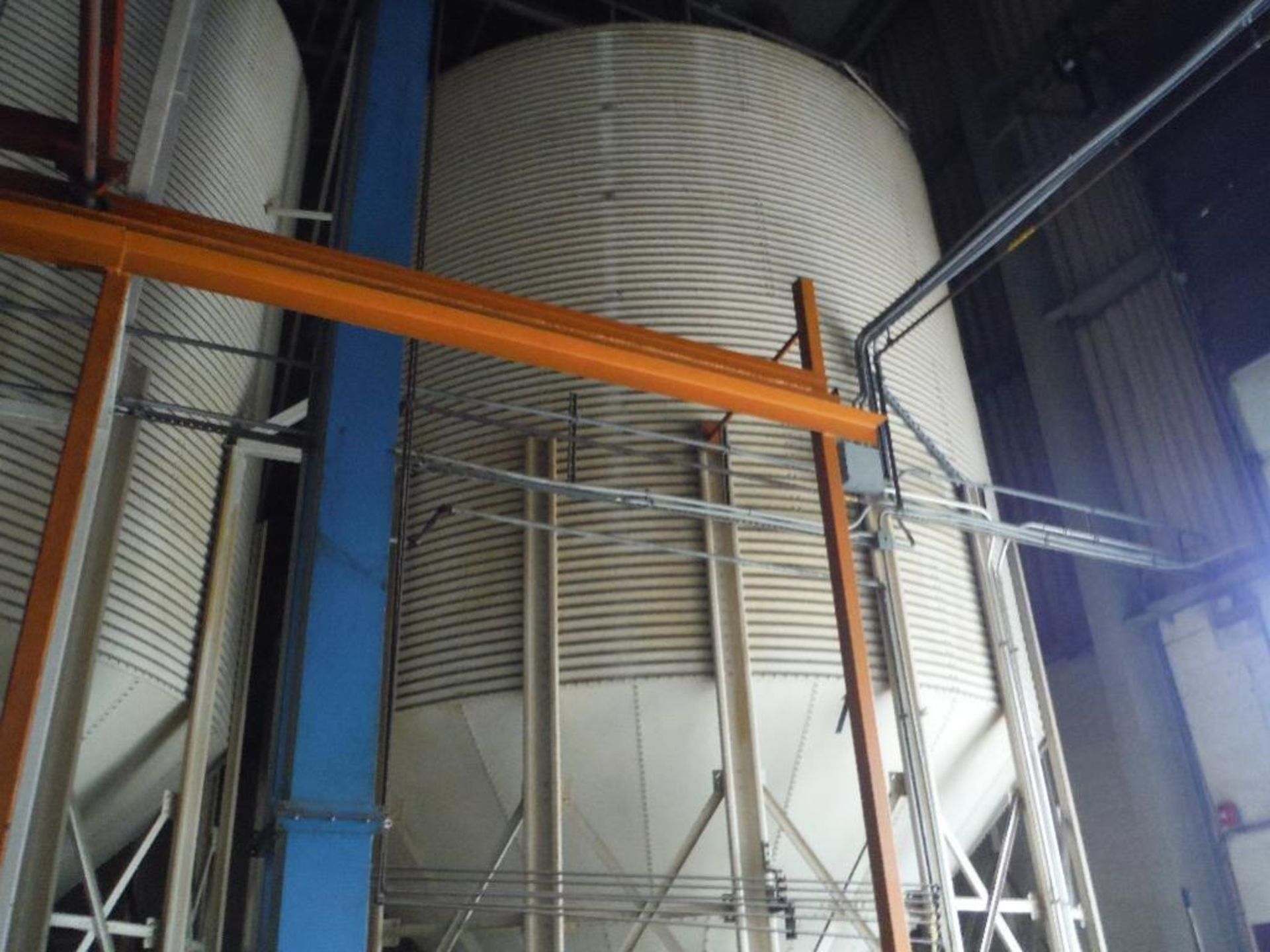 Contents of bulk storage silo building, including (4) mild steel cone bottom holding bins 18 ft. dia - Image 4 of 15