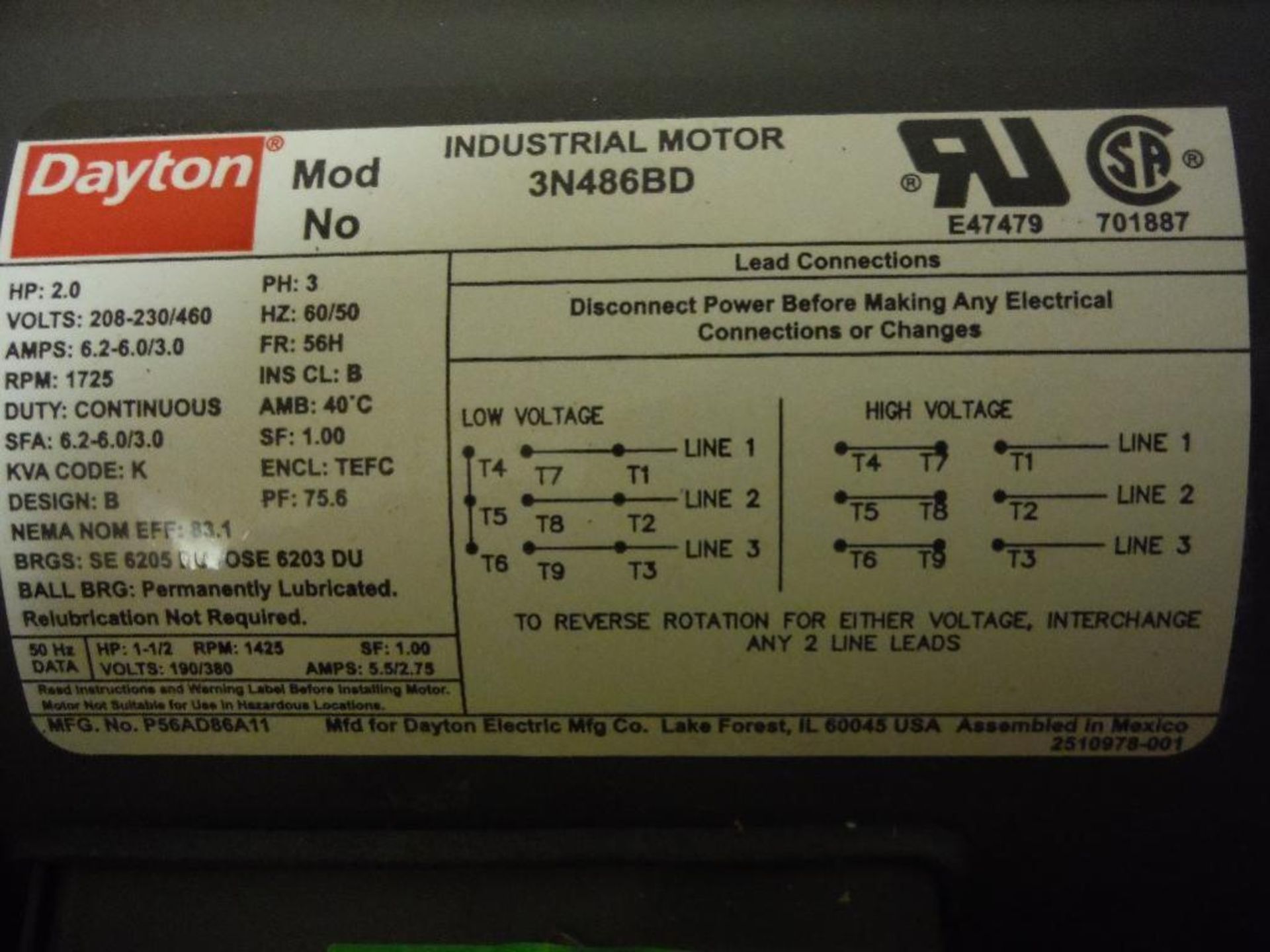 Dayton motor, 2 hp, 3 phase, frame 56H, rpm 1725. Rigging Fee: $25 - Image 2 of 2