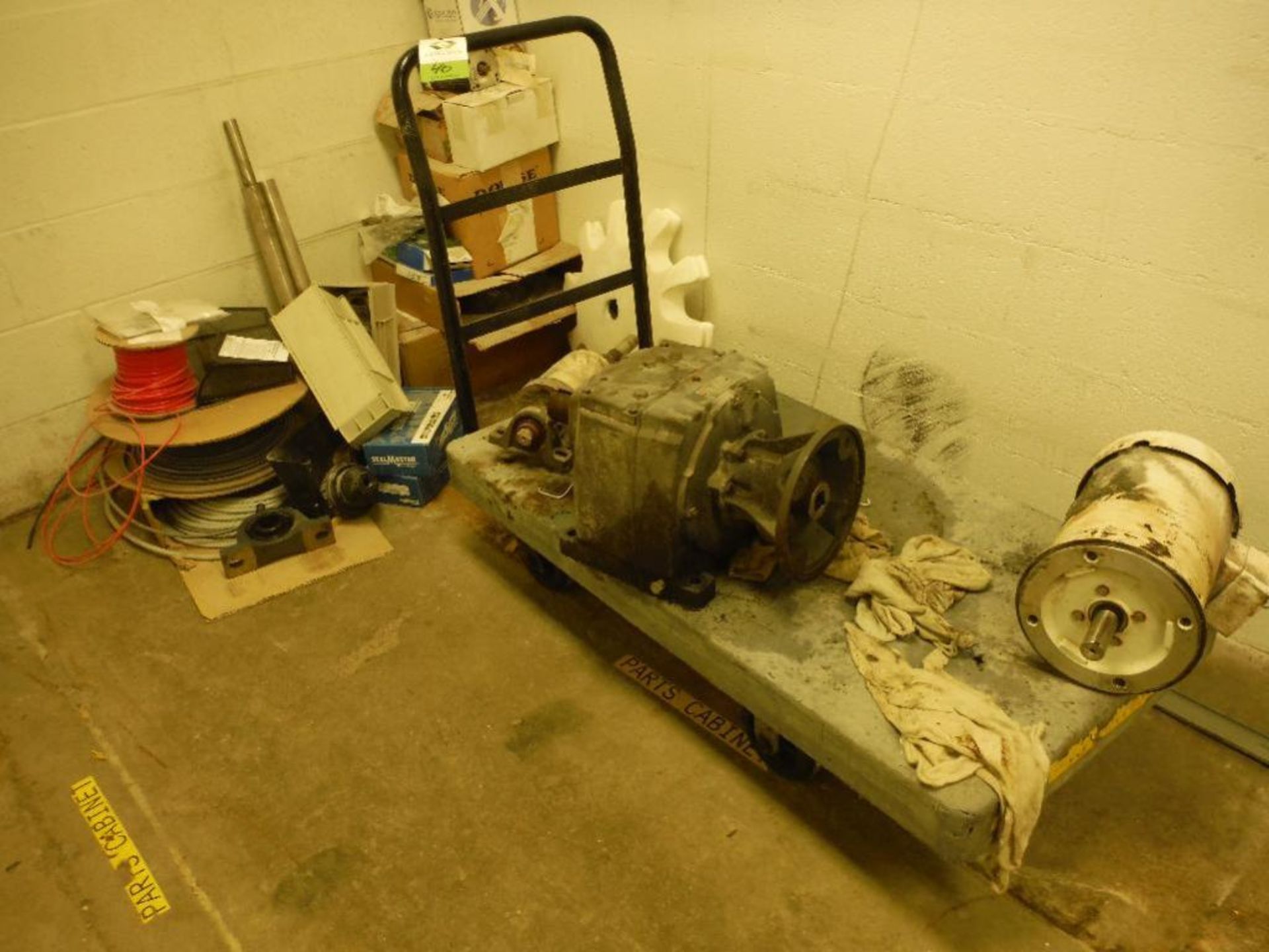 4 wheel cart, electric motor, speed reducer, bearing, cable, conveyor parts. Rigging Fee: $50 - Image 2 of 7