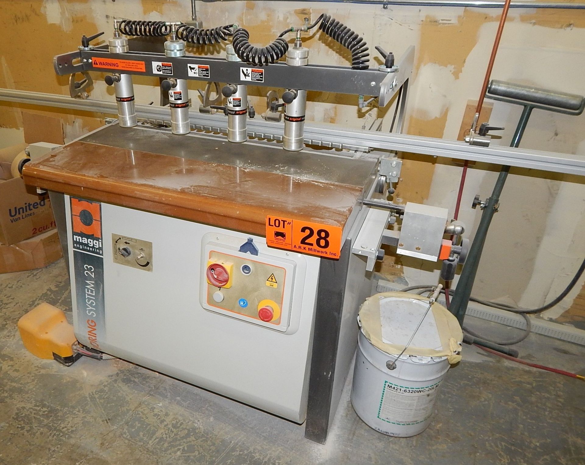 MAGGI BORINS SYSTEM 22 4 HEAD PNEUMATIC MULTI SPINDLE DRILL WITH 37" WIDTH CAPACITY, 18" X 37" TABLE