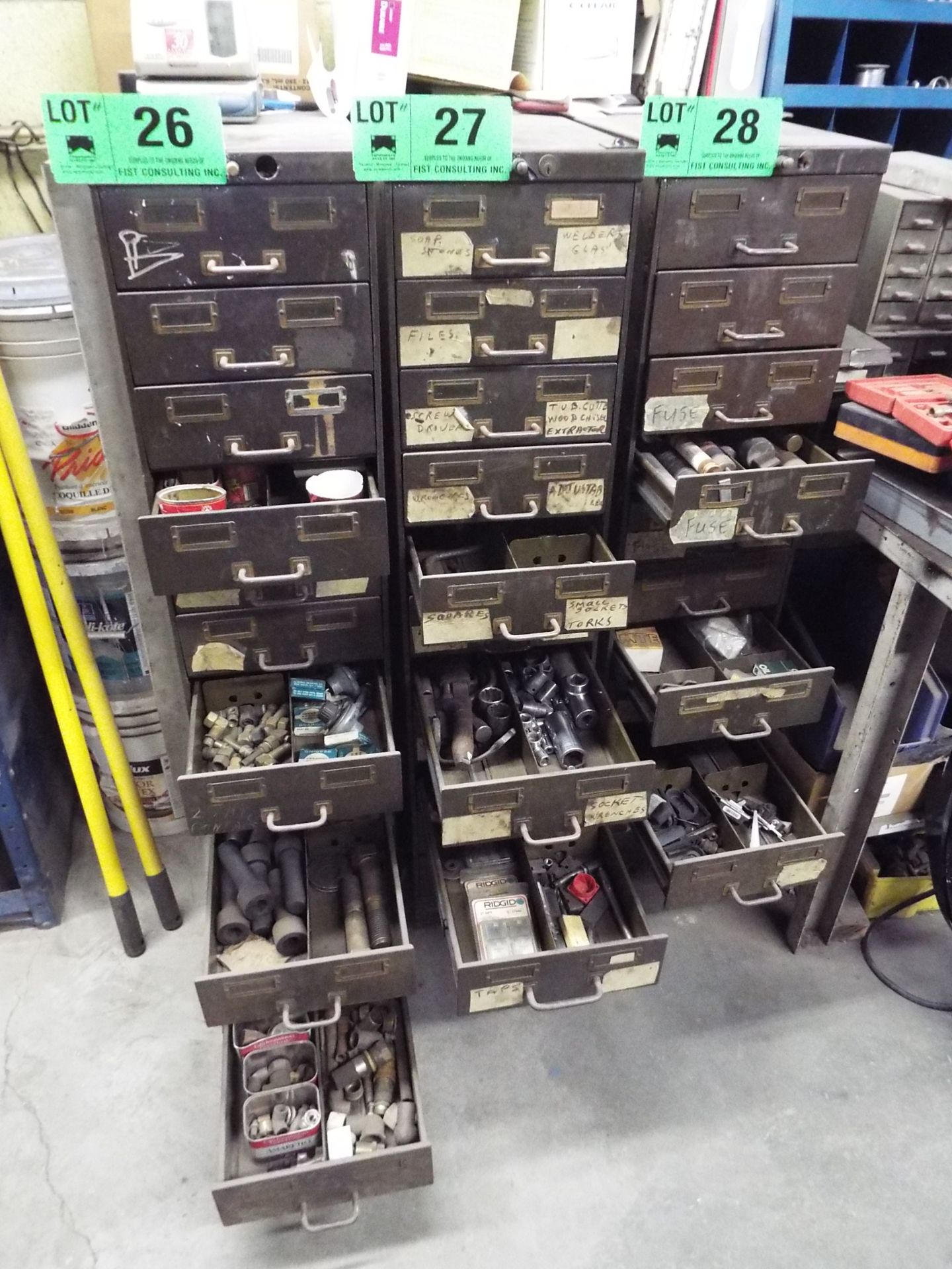 LOT/ 12 DRAWER STEEL CABINET WITH CONTENTS - TOOLS, HARDWARE AND SPARE PARTS