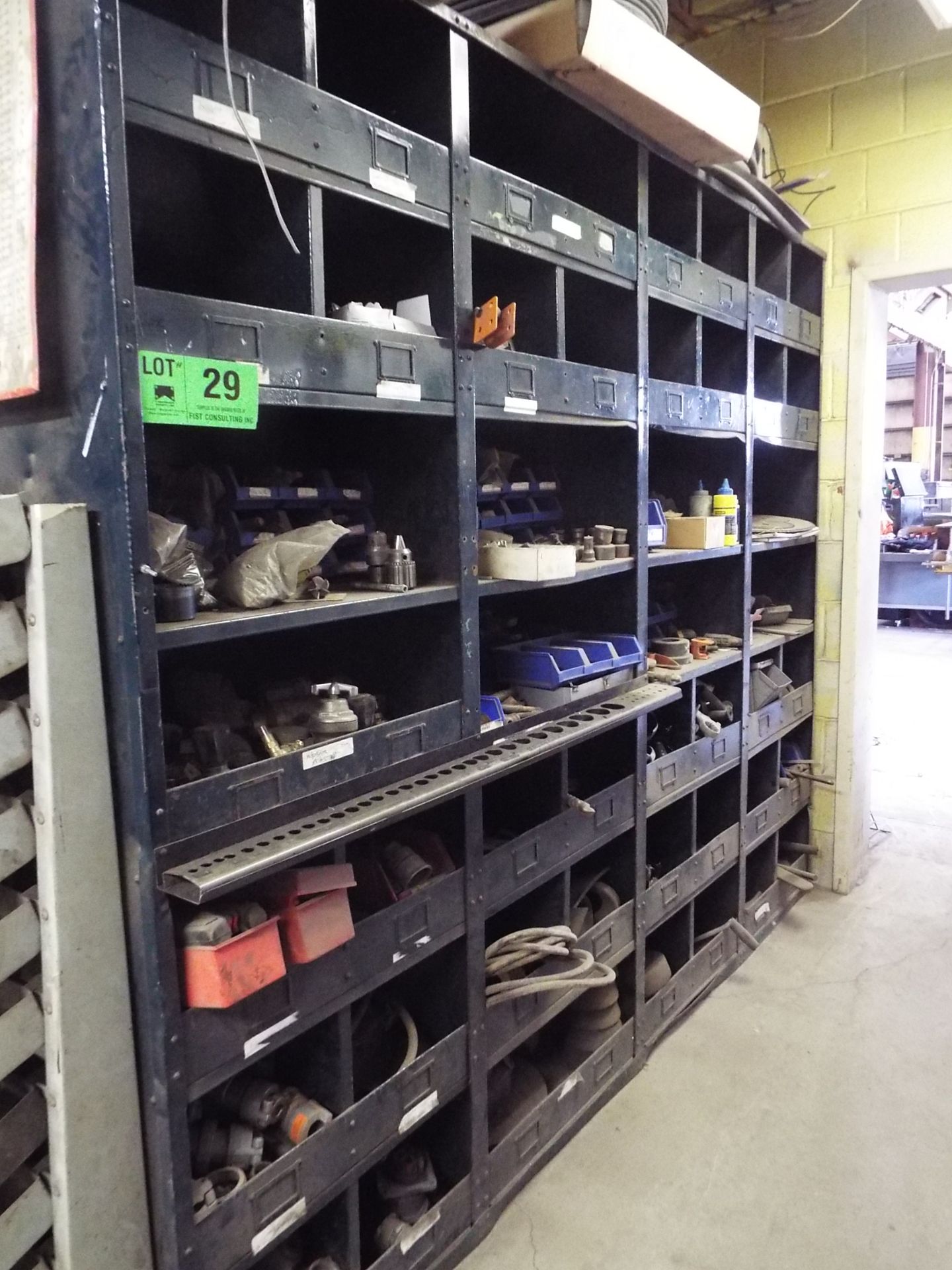 LOT/ STEEL SHELVES WITH CONTENTS - HARDWARE, ELECTRICAL COMPONENTS, GAUGES, TOOLING AND SPARE PARTS