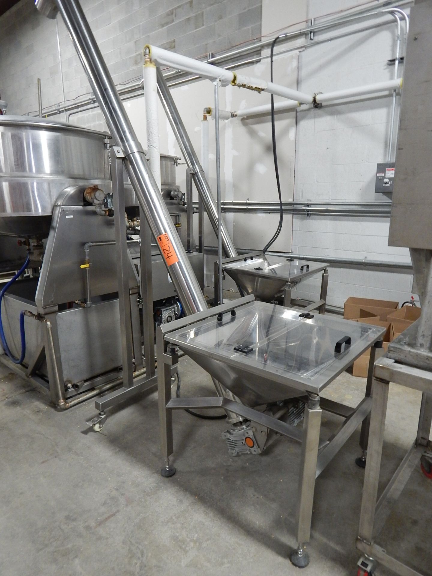 MFG N/A 28" X 28" STAINLESS STEEL FEEDING HOPPERS WITH 117" X 6" INCLINE AUGER CONVEYORS (CI)