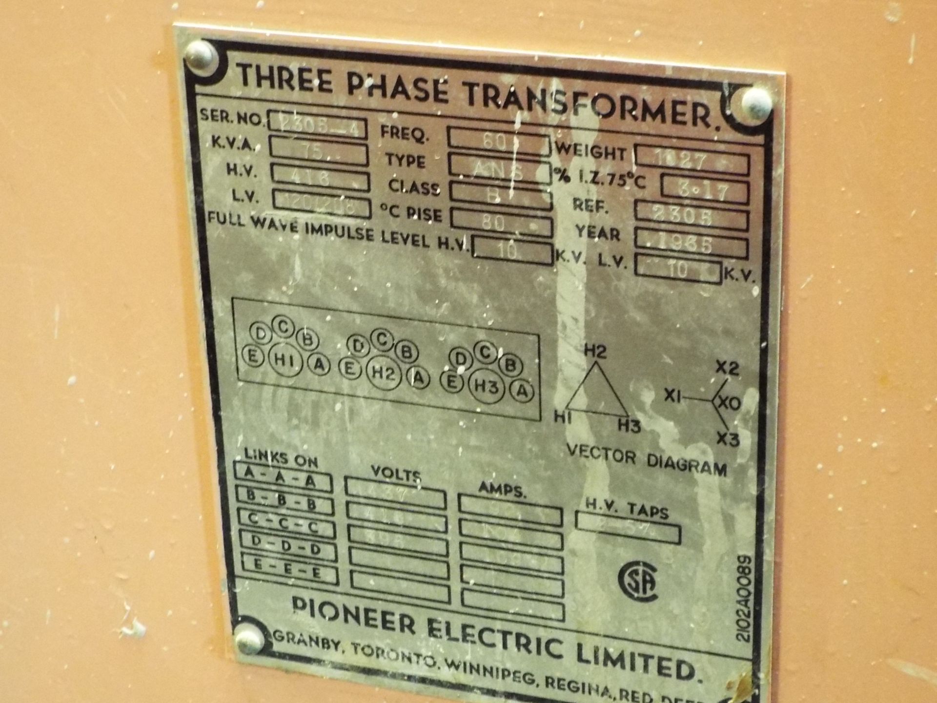 PIONEER ELECTRIC 75KVA, 3PH, 416HV, 120/208LV DRY TYPE TRANSFORMER S/N: 2305-3 - Image 2 of 2