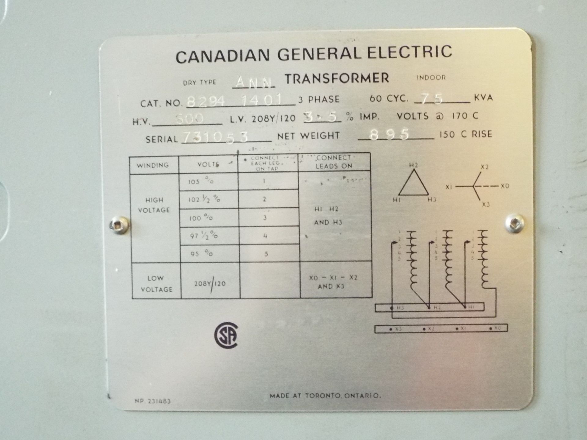 CANADIAN GENERAL ELECTRIC 75KVA, 3PH, 600HV, 208/120LV DRY TYPE TRANSFORMER - Image 2 of 2