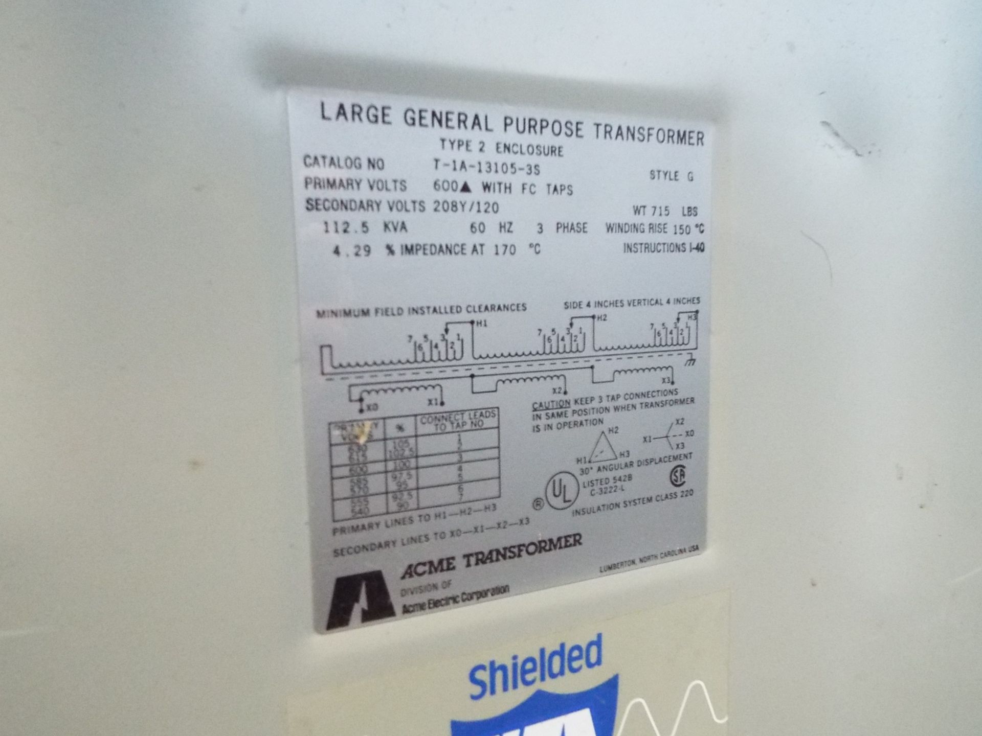 ACME 112KVA, 3PH, 600HV, 208/120LV DRY TYPE TRANSFORMER - Image 3 of 3